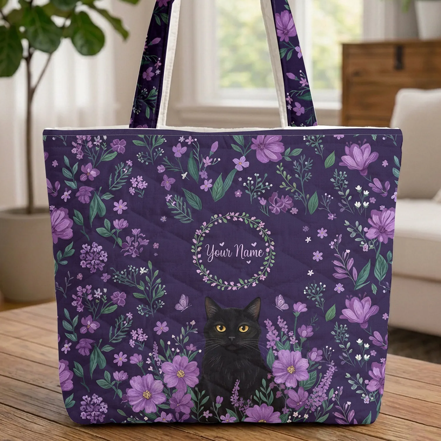 Black Cat Botanical Name Wreath Butterflies - Everyday Tote for Cat Lovers Quilted Tote Bag - 1