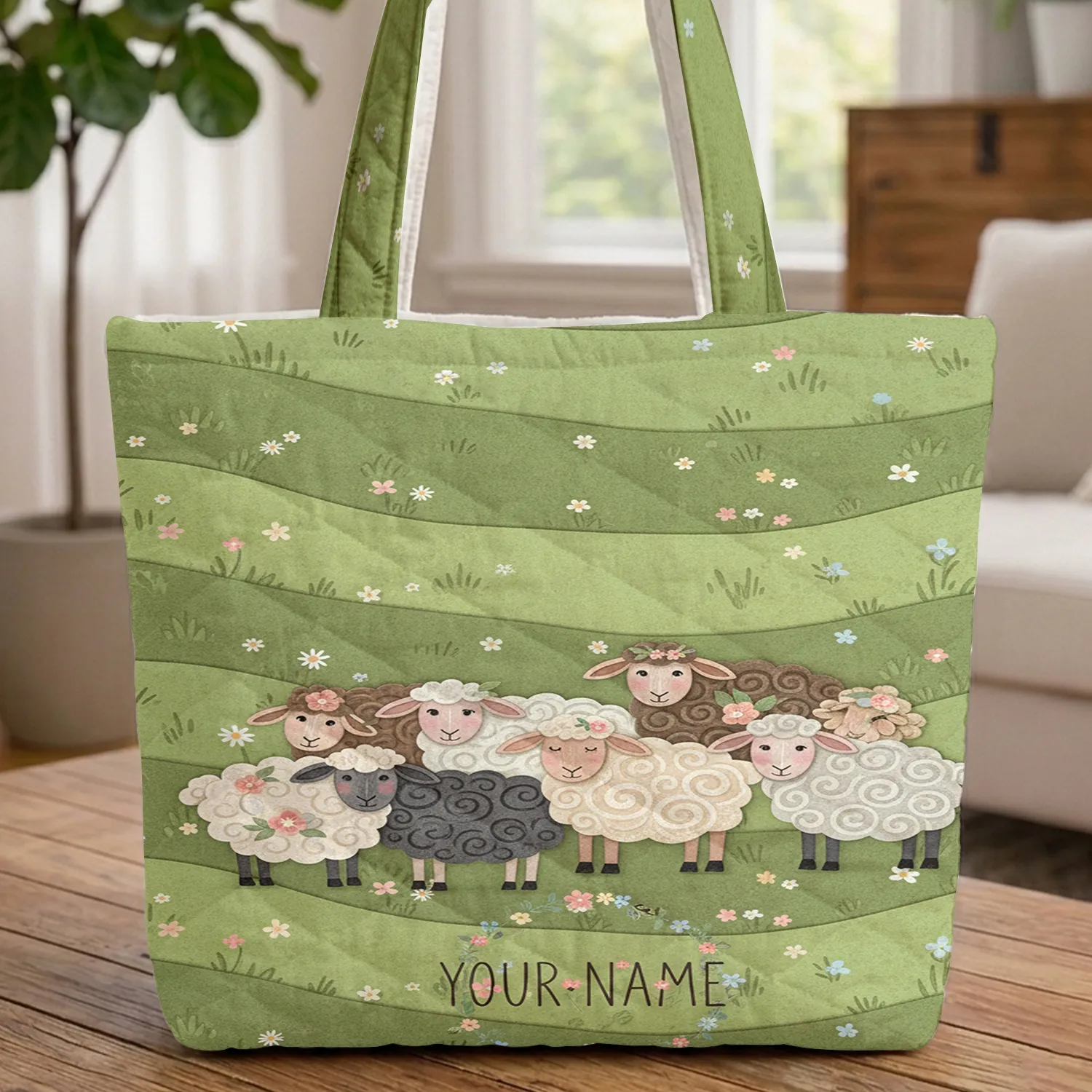 Sheep Rolling Hills Wildflower Floral Wreath - Farmhouse Decor Gift Quilted Tote Bag - 1