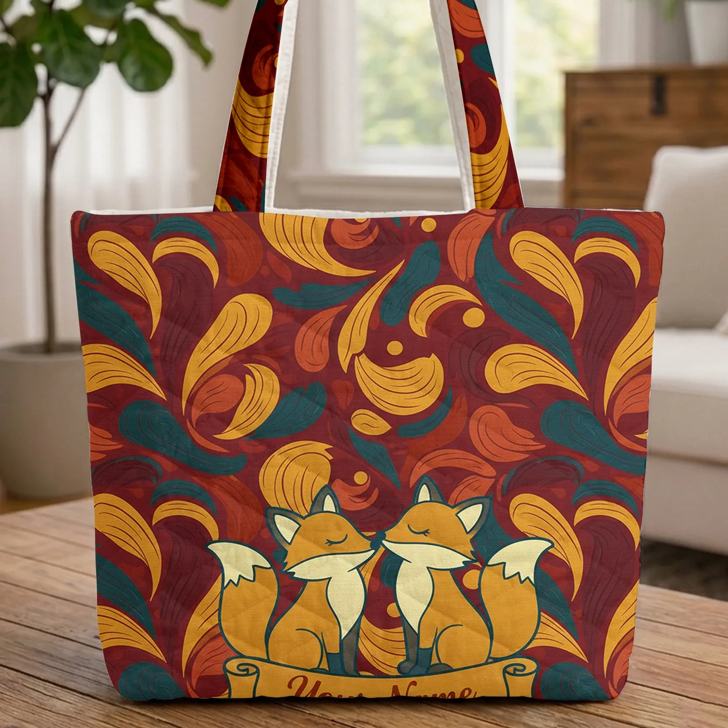 Two Foxes Nuzzling Flowing Swirling Shapes - Wildlife Lover Nature Gift Everyday Tote Quilted Tote Bag - 1