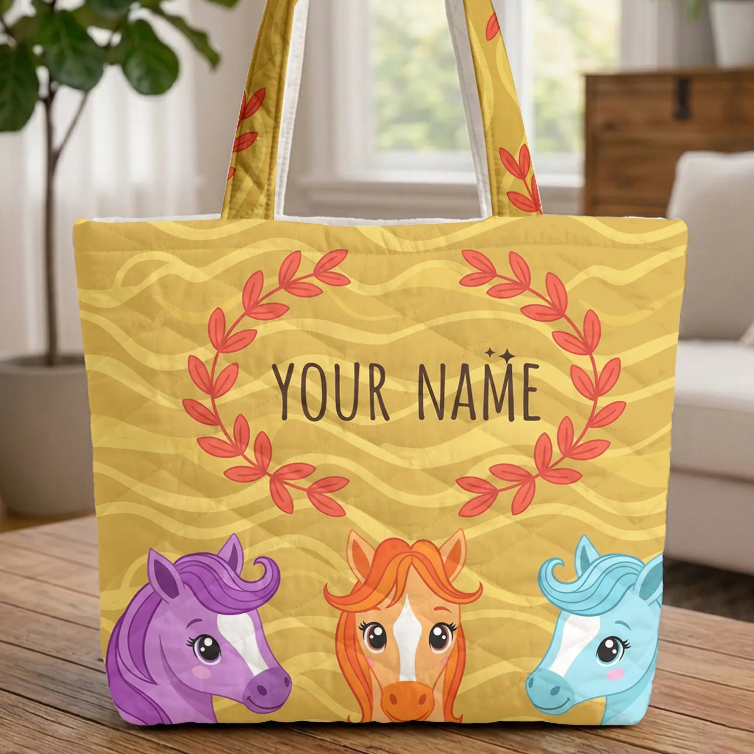 Three Horse Heads Colorful Manes Floral Wreath Wavy Lines Star Accent - Home Decor Quilted Tote Bag - 1