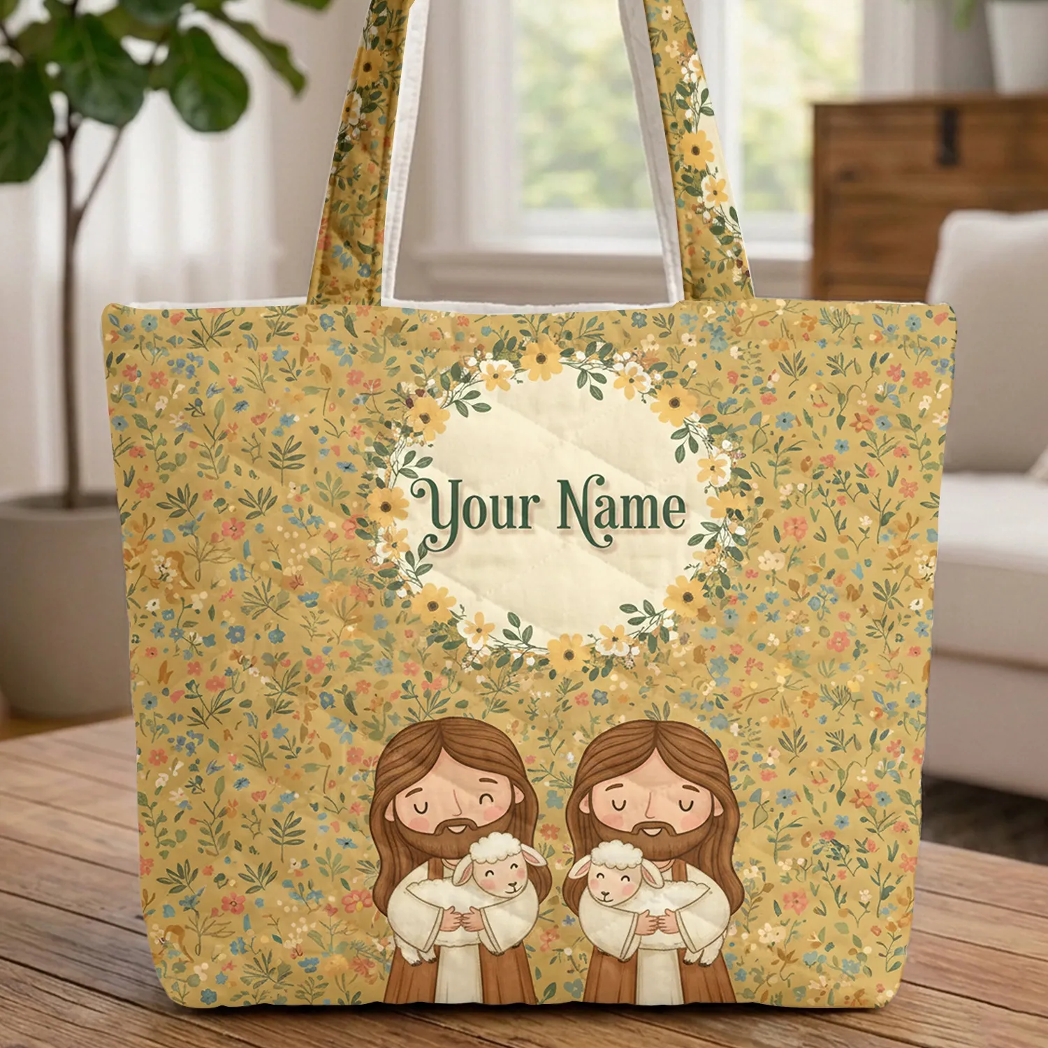 Jesus with Lamb Wildflower Sprigs Leafy Garland Wreath - Everyday Faith Gift Quilted Tote Bag - 1