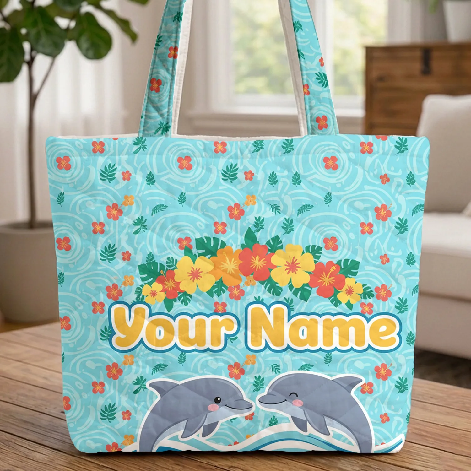 Dolphins Hibiscus Palm Water Ripples - Tropical Getaway Gift for Ocean Lovers Quilted Tote Bag - 1