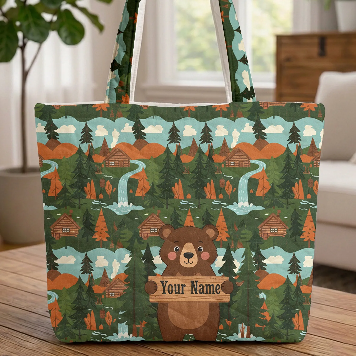 Woodland Bear Wooden Sign Pine Forest Hills Waterfalls - Storybook Nature Lover Gift Quilted Tote Bag - 1