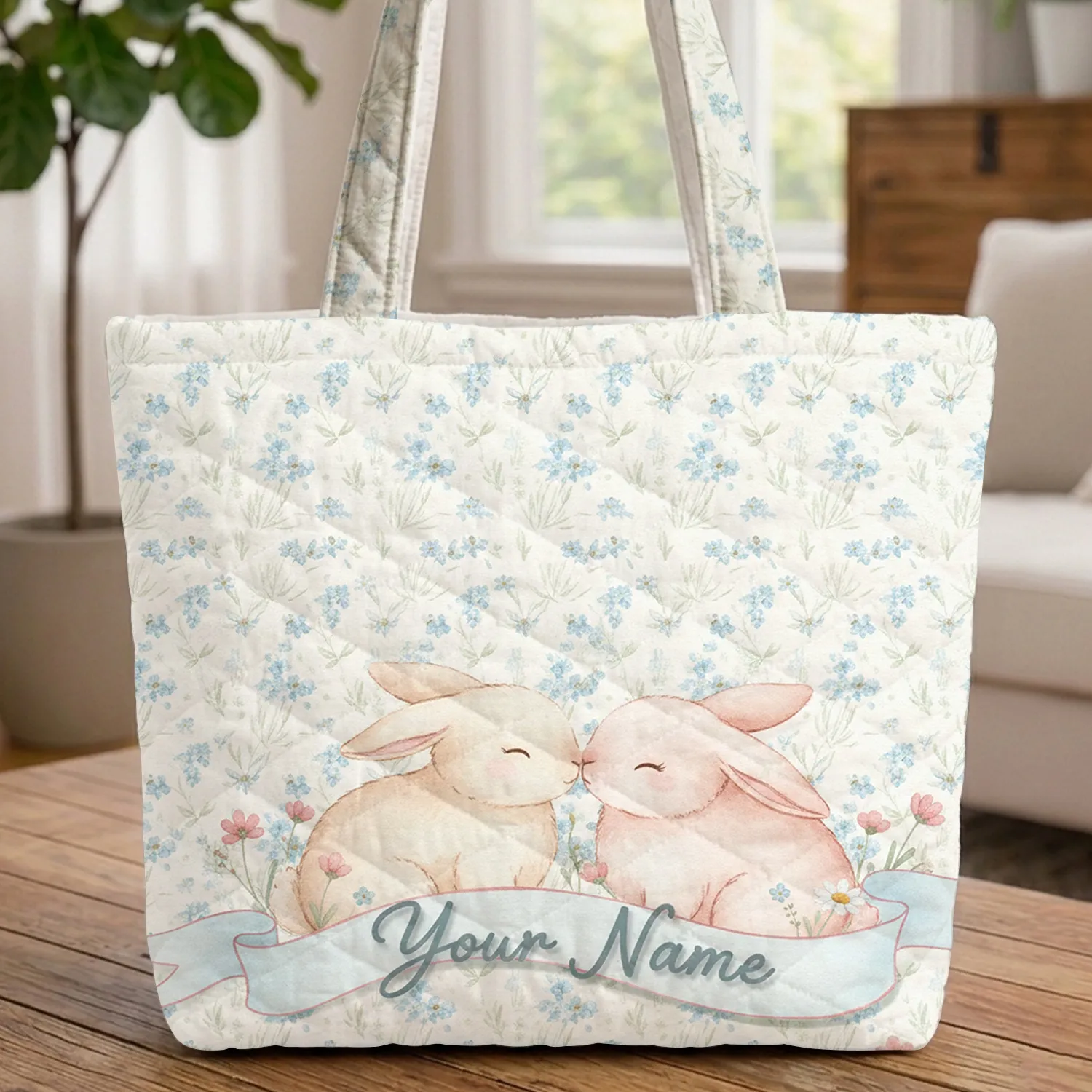 Two Nuzzling Bunnies Wildflower Forget-Me-Not - Everyday Tote for Bunny Lover Quilted Tote Bag - 1