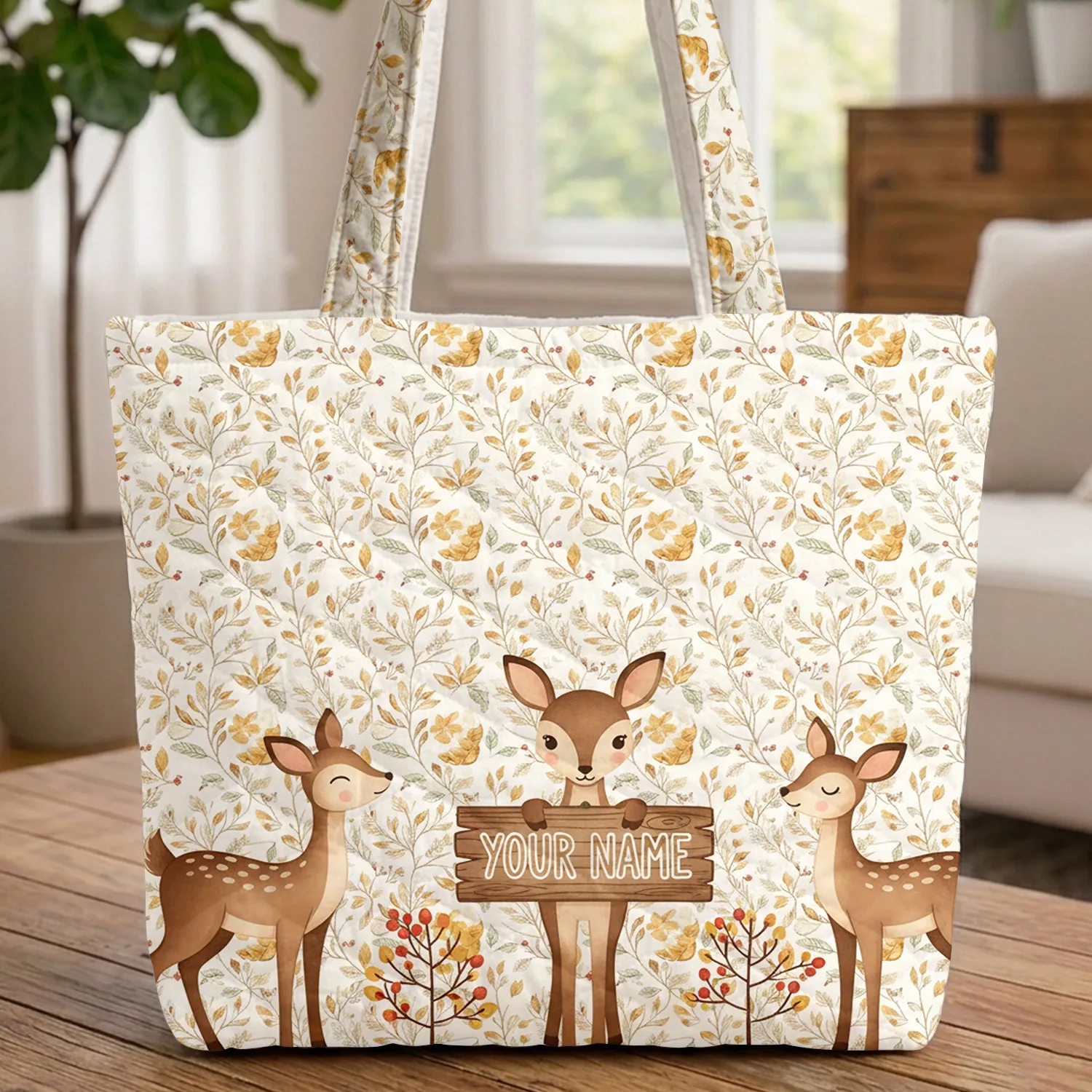 Deer Berries Autumn Leaves Rustic Sign - Fall Decor Personalized Gift Quilted Tote Bag - 1