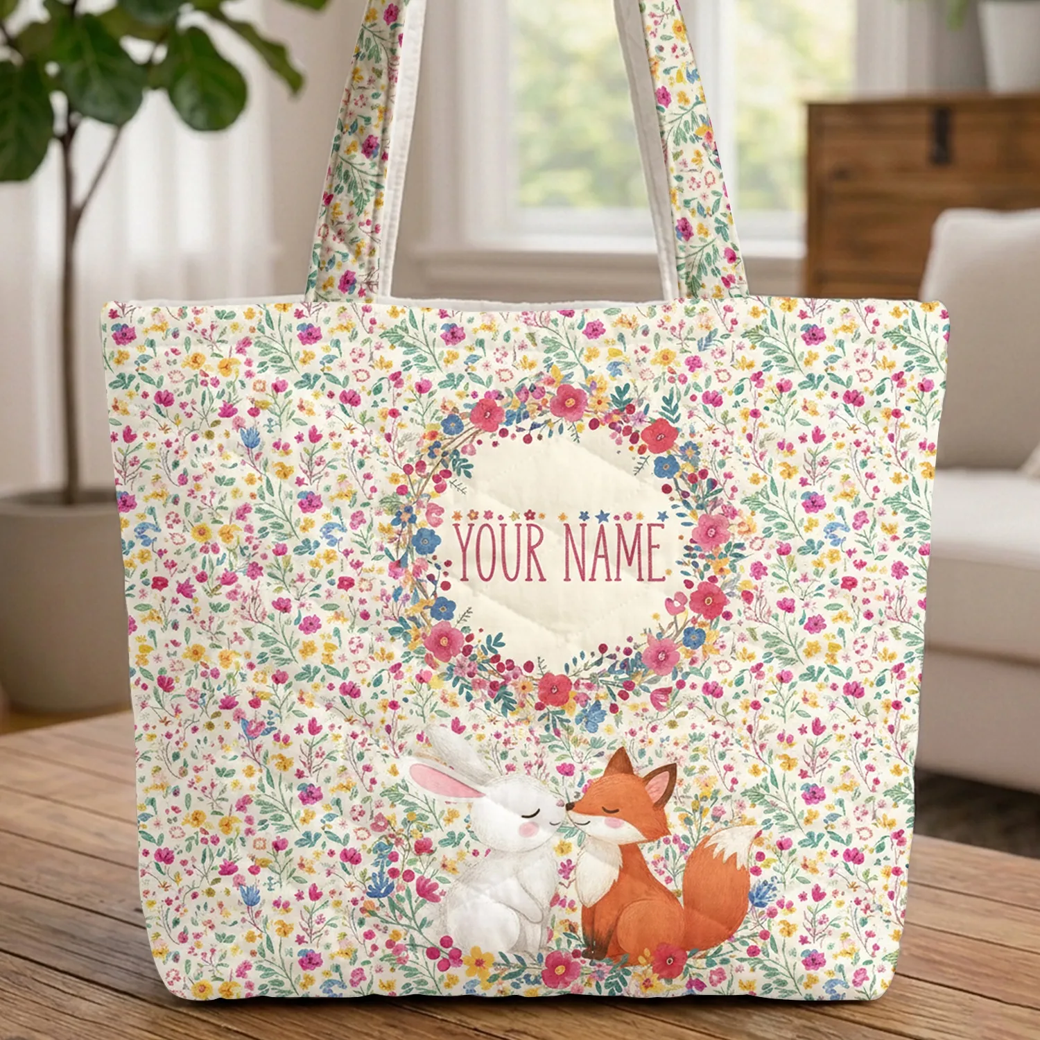 Bunny Fox Wildflower Floral Wreath Name - Nature Lover Everyday Tote Quilted Tote Bag - 1
