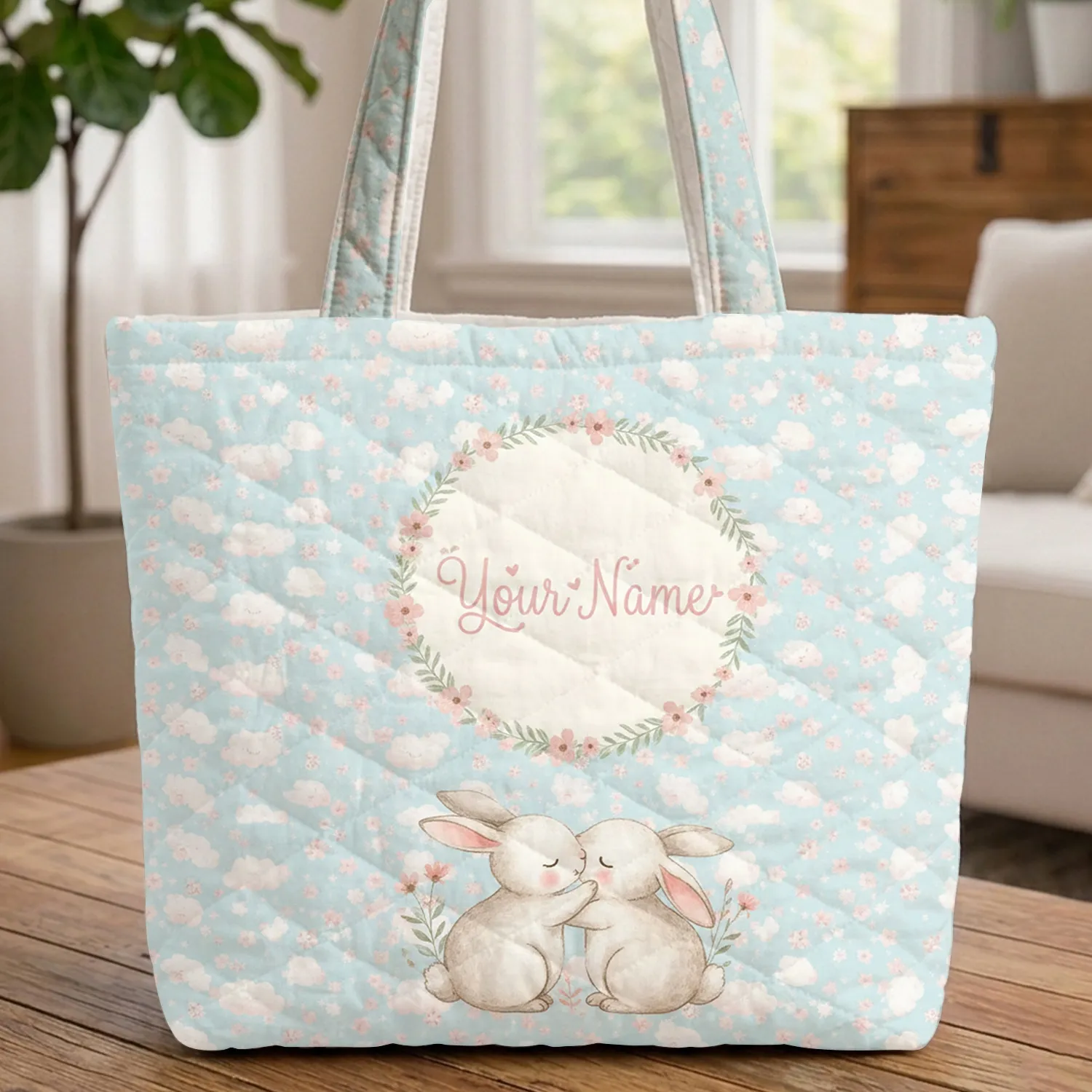 Nuzzling Bunnies Wildflowers Clouds Stars - Wildlife Lover Home Decor Gift Quilted Tote Bag - 1