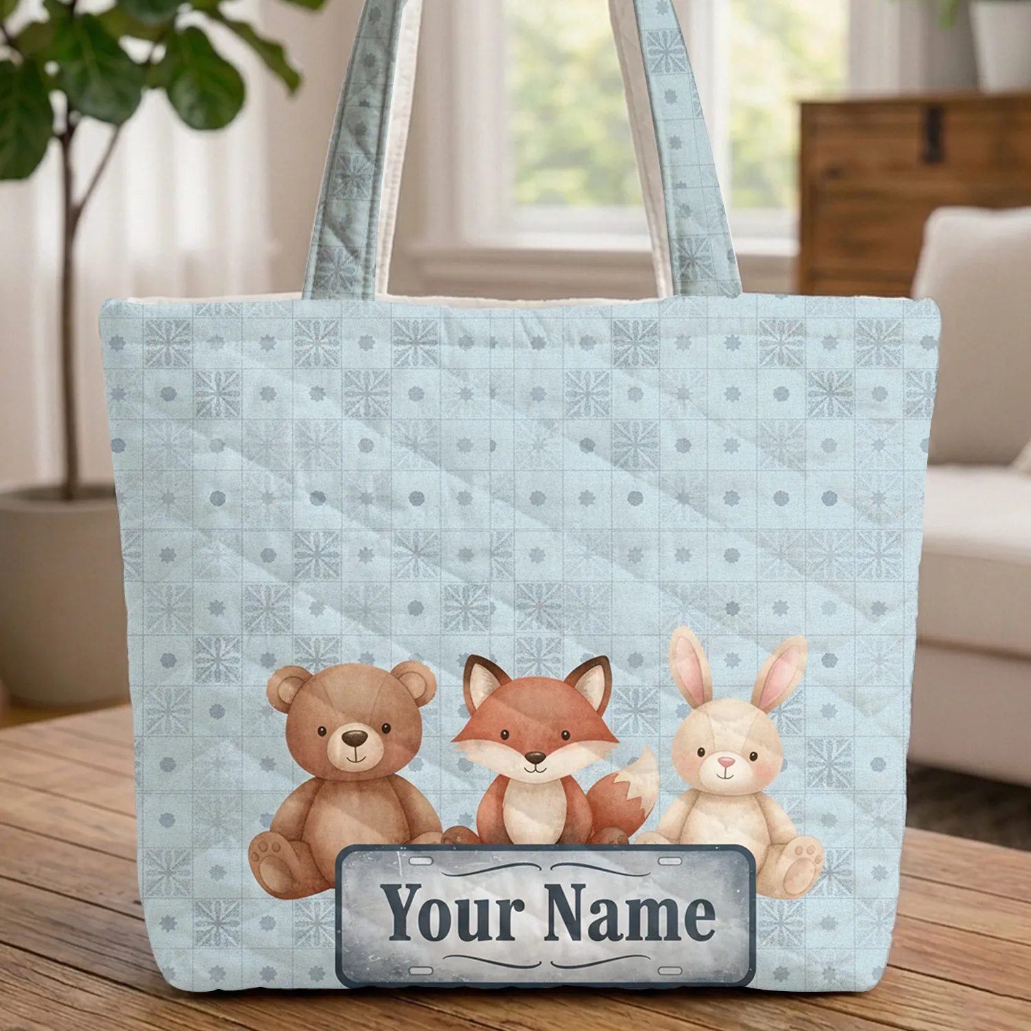 Bear Fox Bunny Animals Vintage Name Plaque - Child Room Decor Gift Quilted Tote Bag - 1