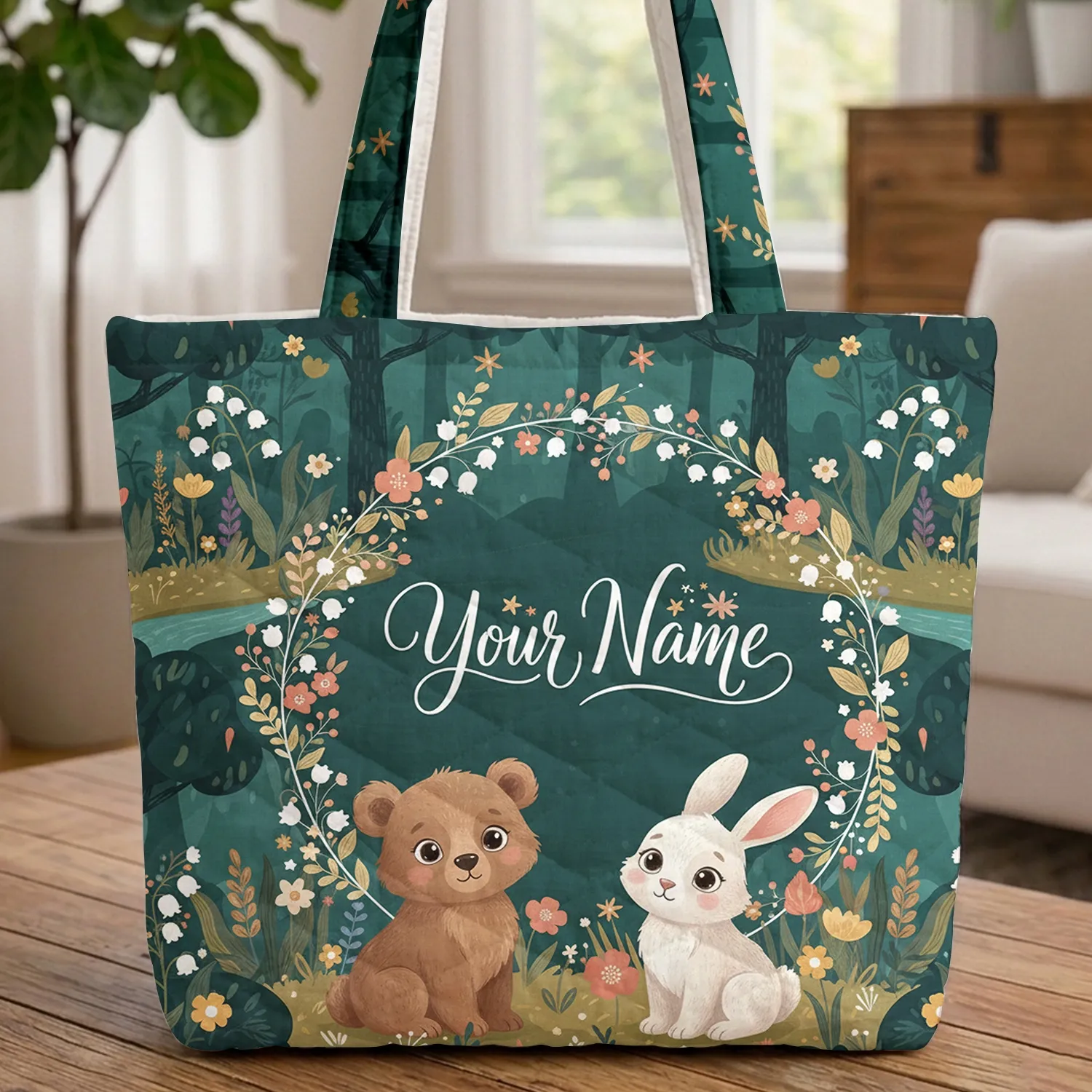 Woodland Bear Cub Bunny Wildflowers Forest Scene - Wildlife Lover Everyday Tote Quilted Tote Bag - 1