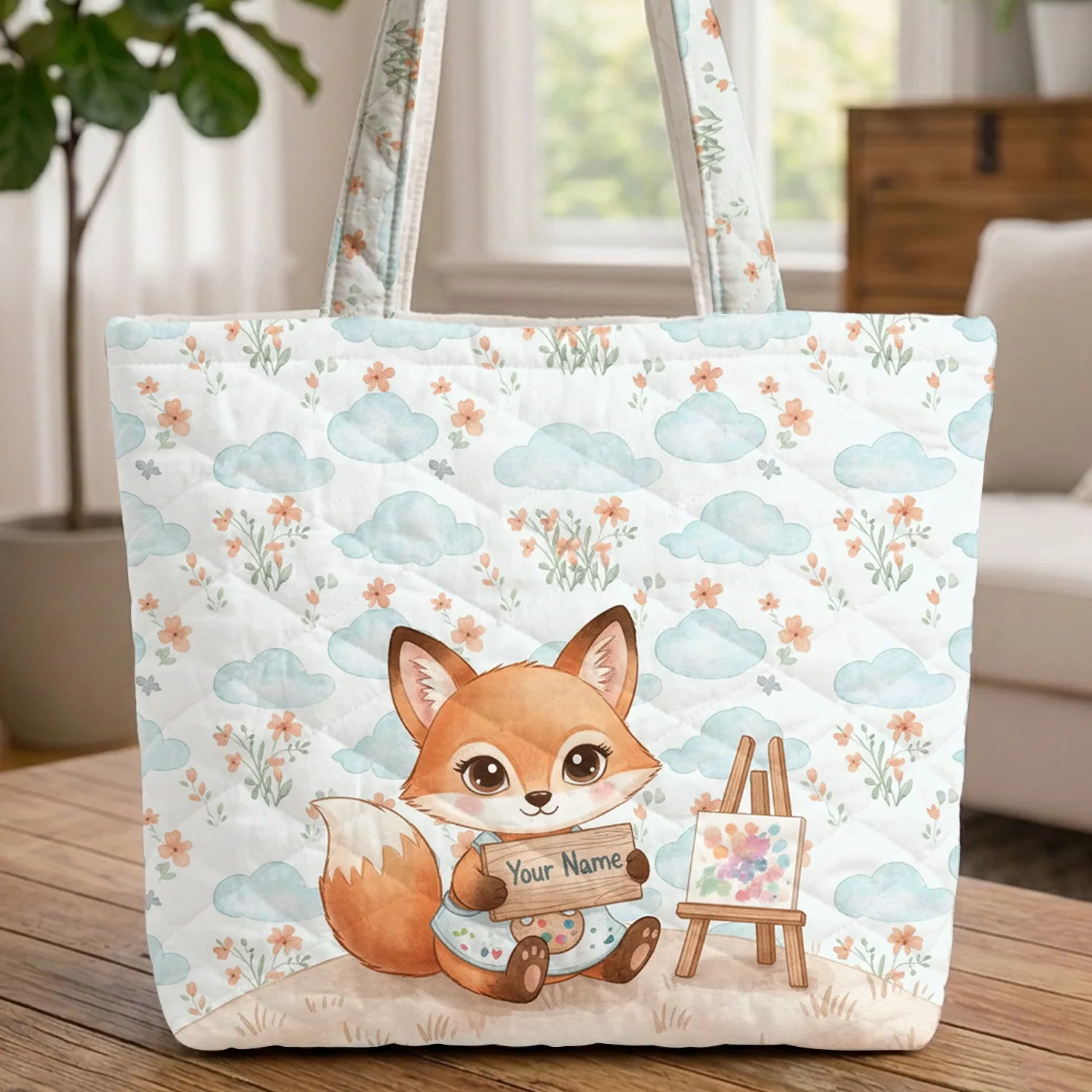 Artist Fox Wildflower Personalized Name Sign - Art Lover Gift for Fox Lovers Quilted Tote Bag - 1