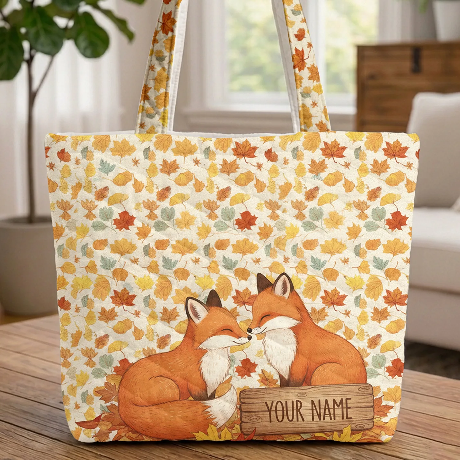 Nuzzling Foxes Autumn Leaves Wooden Sign - Wildlife Lover Fall Decor Quilted Tote Bag - 1