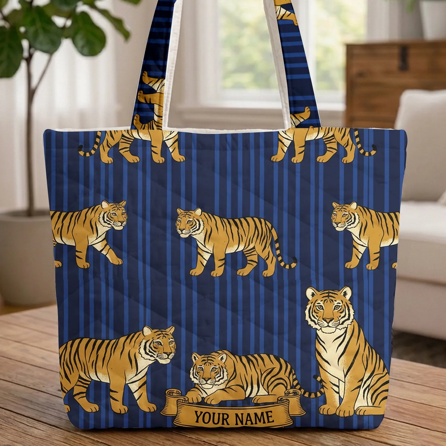 Personalized Amber Gold Striped Tigers - Wildlife Lover Everyday Carry Gift Quilted Tote Bag - 1