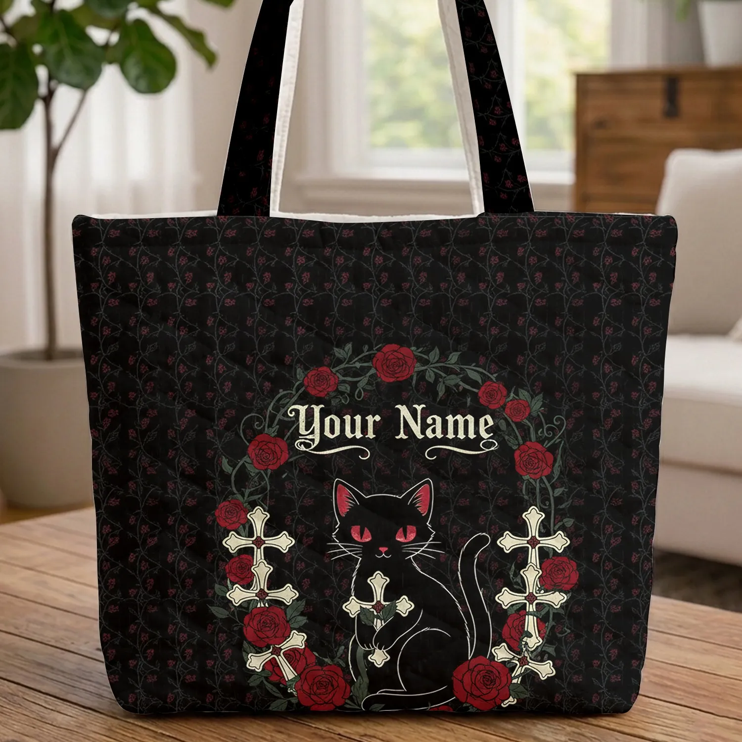 Black Cat Gothic Roses Crosses - Distinctive Gothic Everyday Carry Gift for Cat Lover Quilted Tote Bag - 1