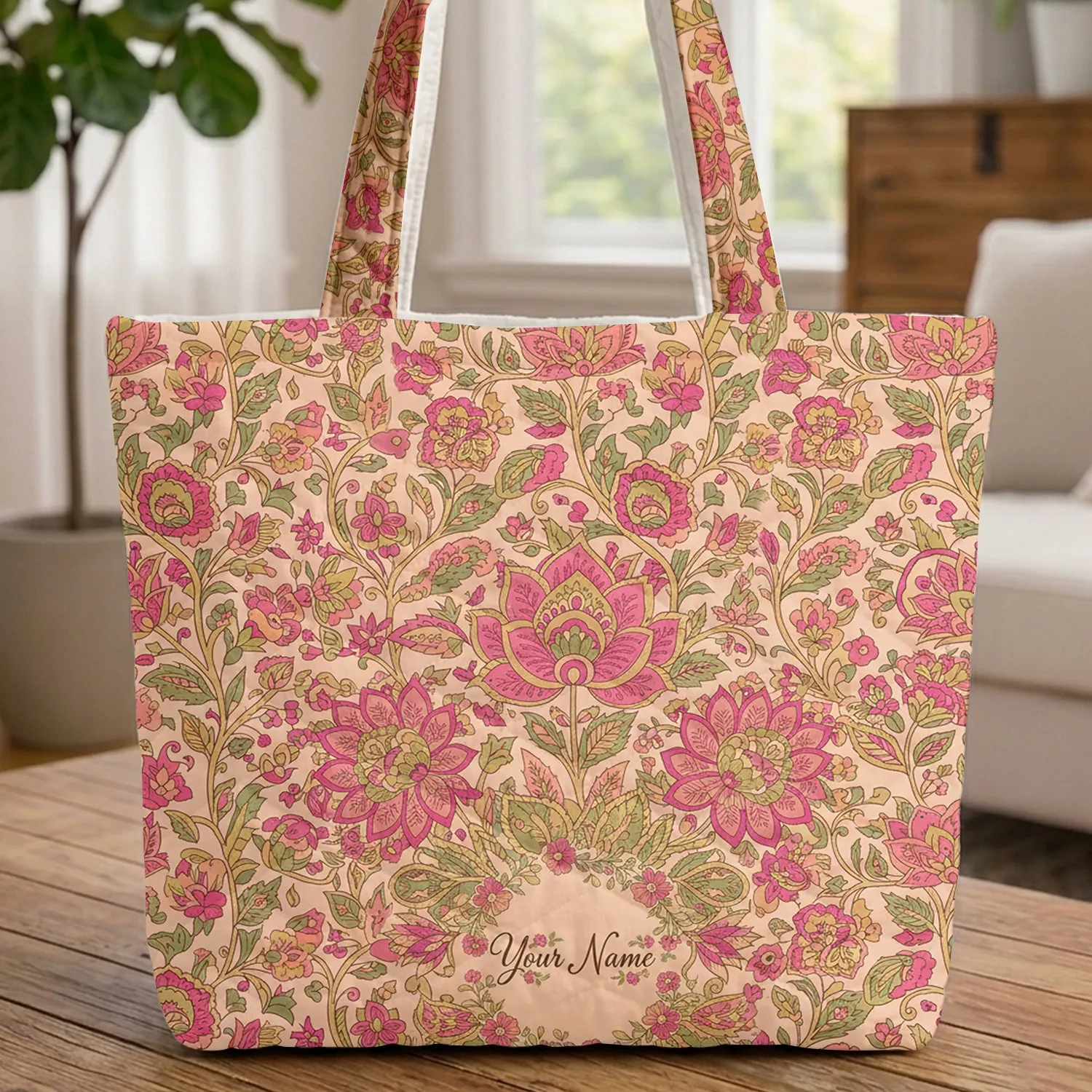 Indian Floral Wreath Personalized Name Bouquet - Boho Lifestyle Gift Quilted Tote Bag - 1