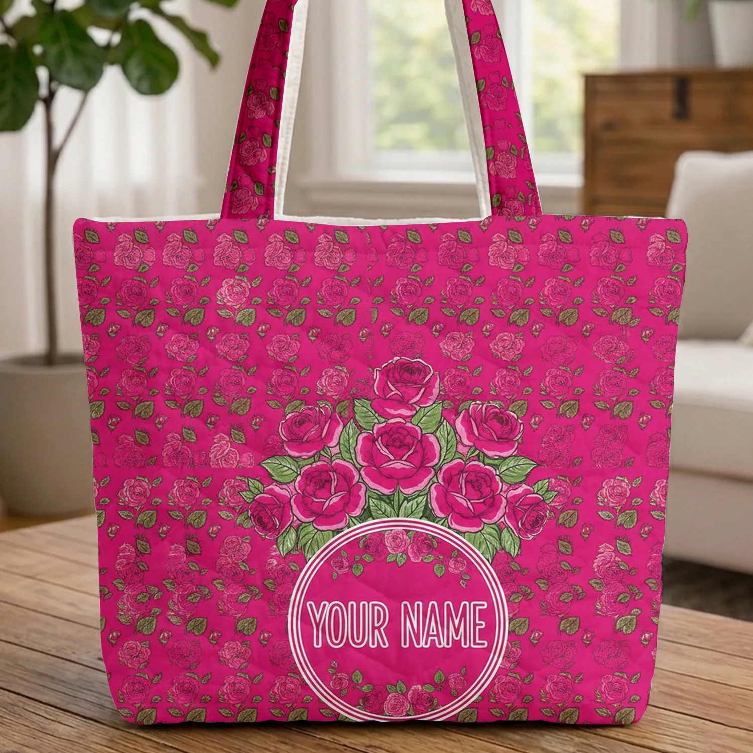 Fuchsia Rose Floral Bouquet Personalized Name Wreath - Everyday Tote Gift Quilted Tote Bag - 1