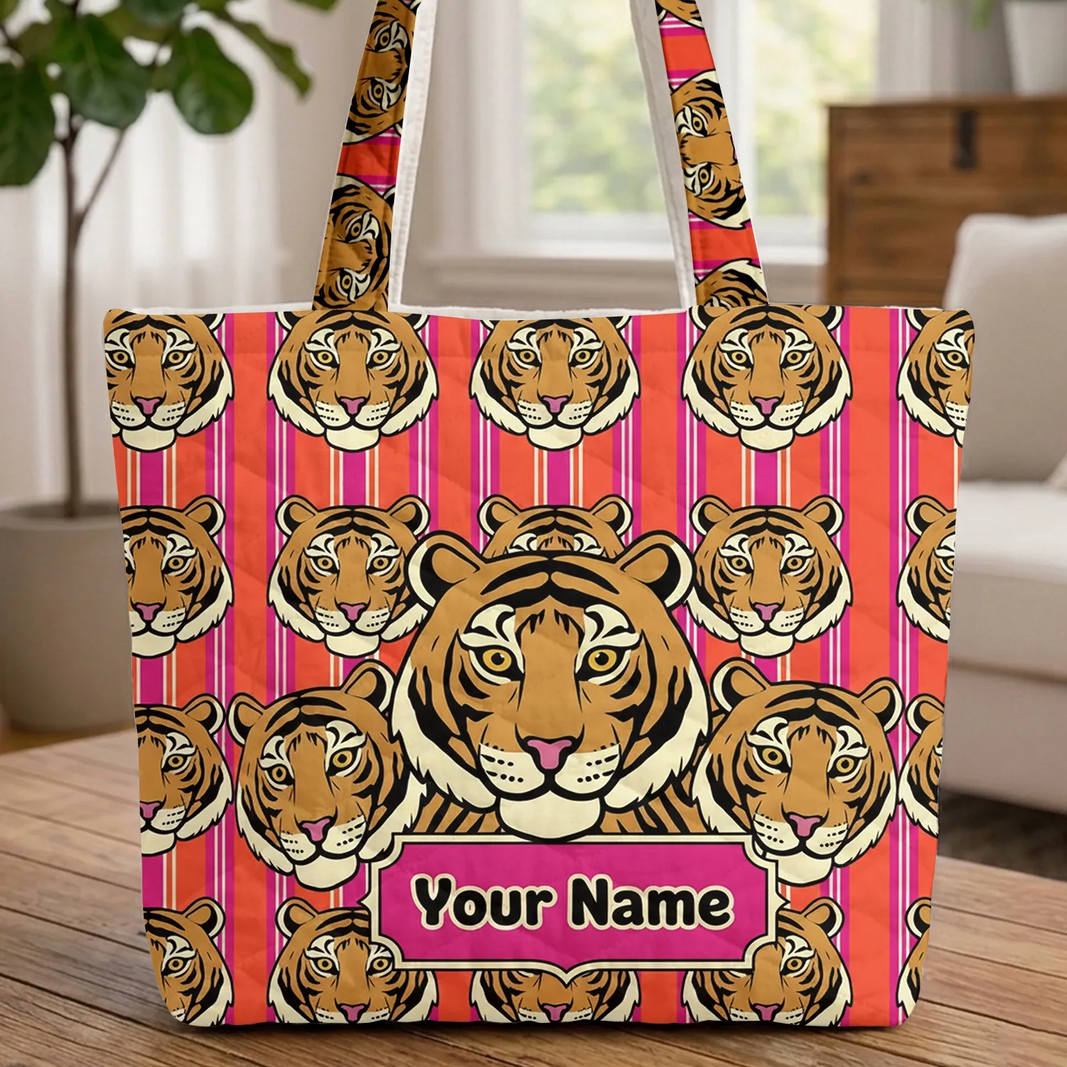 Tiger Portrait Vertical Stripes Vintage Plaque - Wildlife Lover Gift Quilted Tote Bag - 1