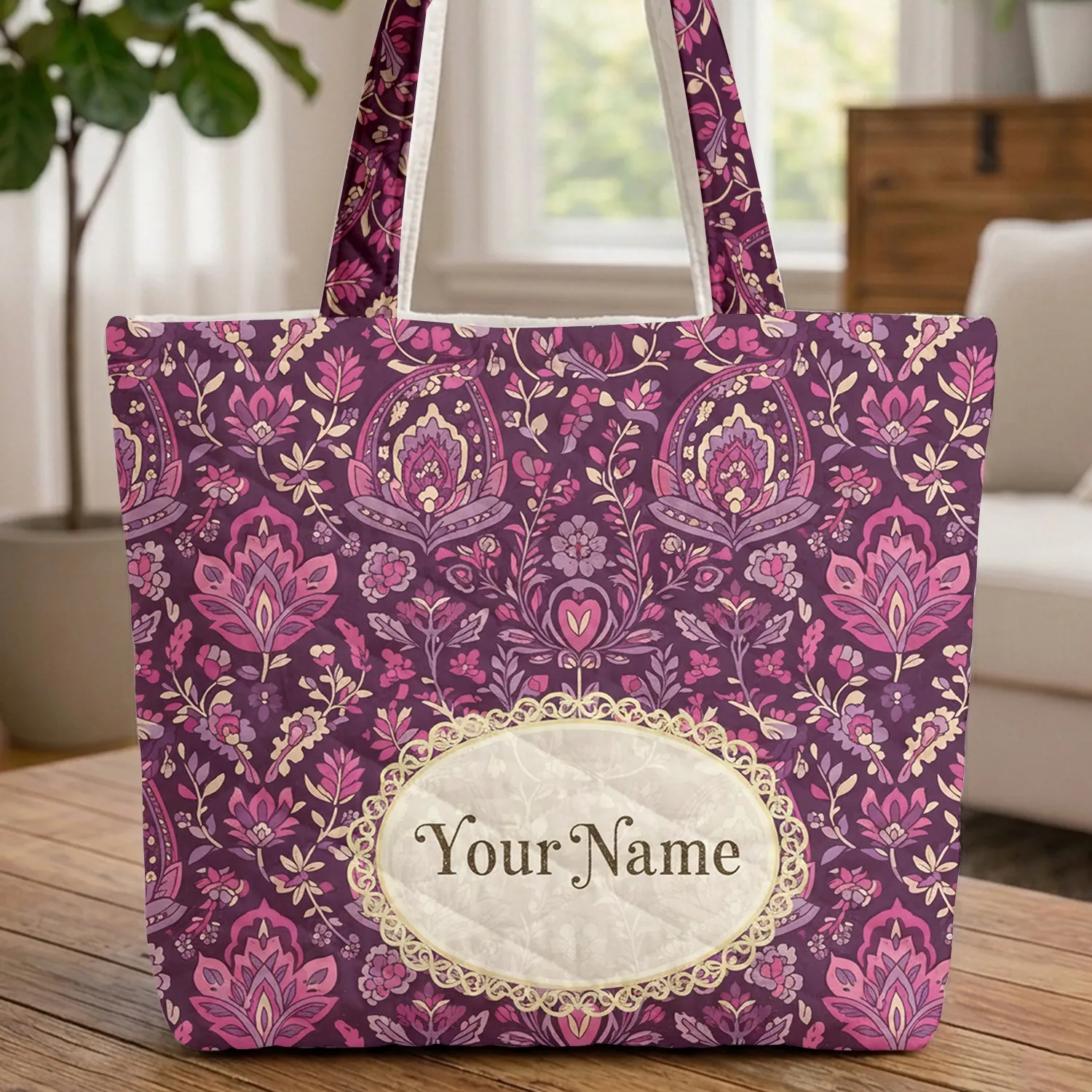 Personalized Name Ornate Medallion Indian Paisley Floral - Custom Gift for Her Quilted Tote Bag - 1