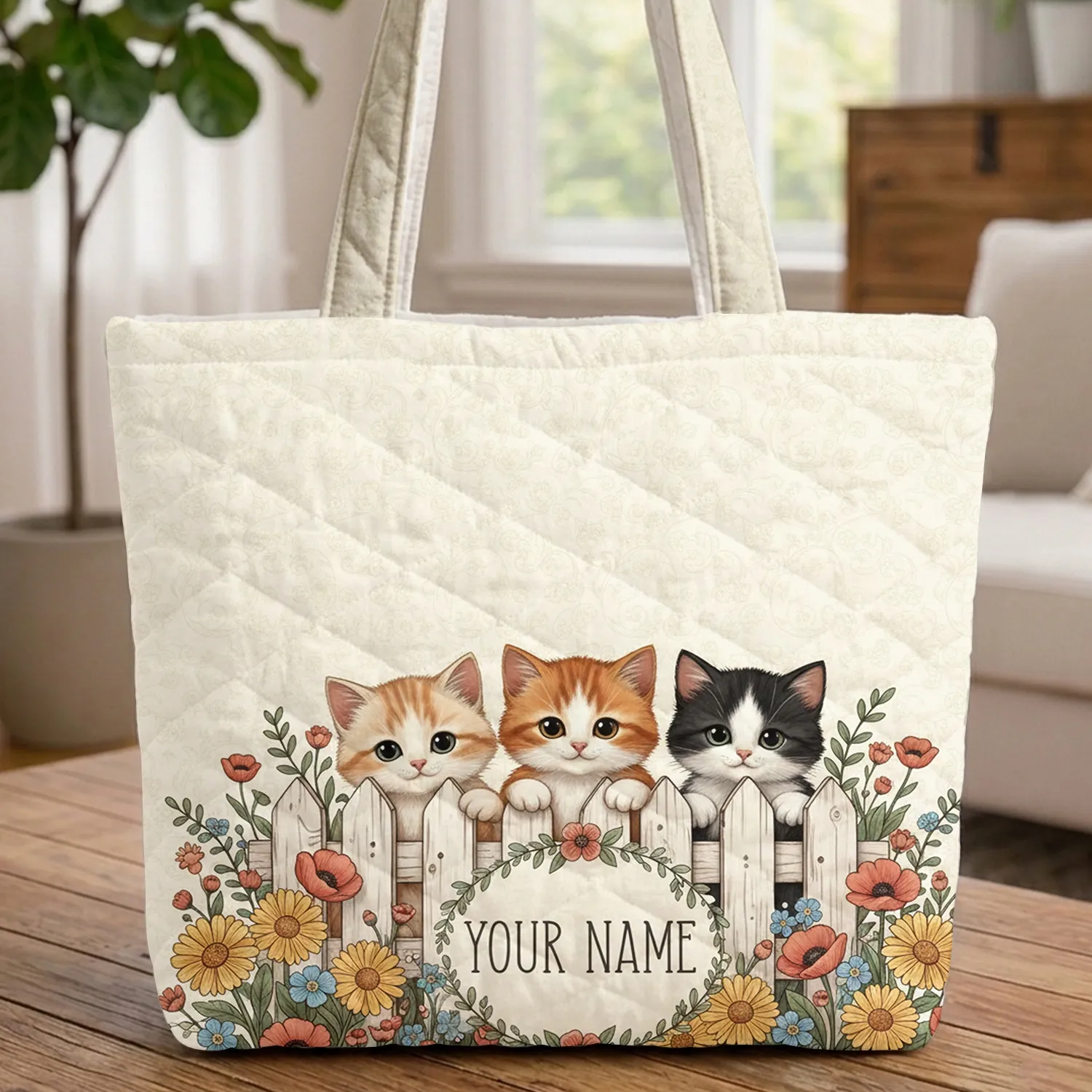 Three Kittens Picket Fence Garden Flowers - Floral Wreath Name Cat Lover Gift Quilted Tote Bag - 1