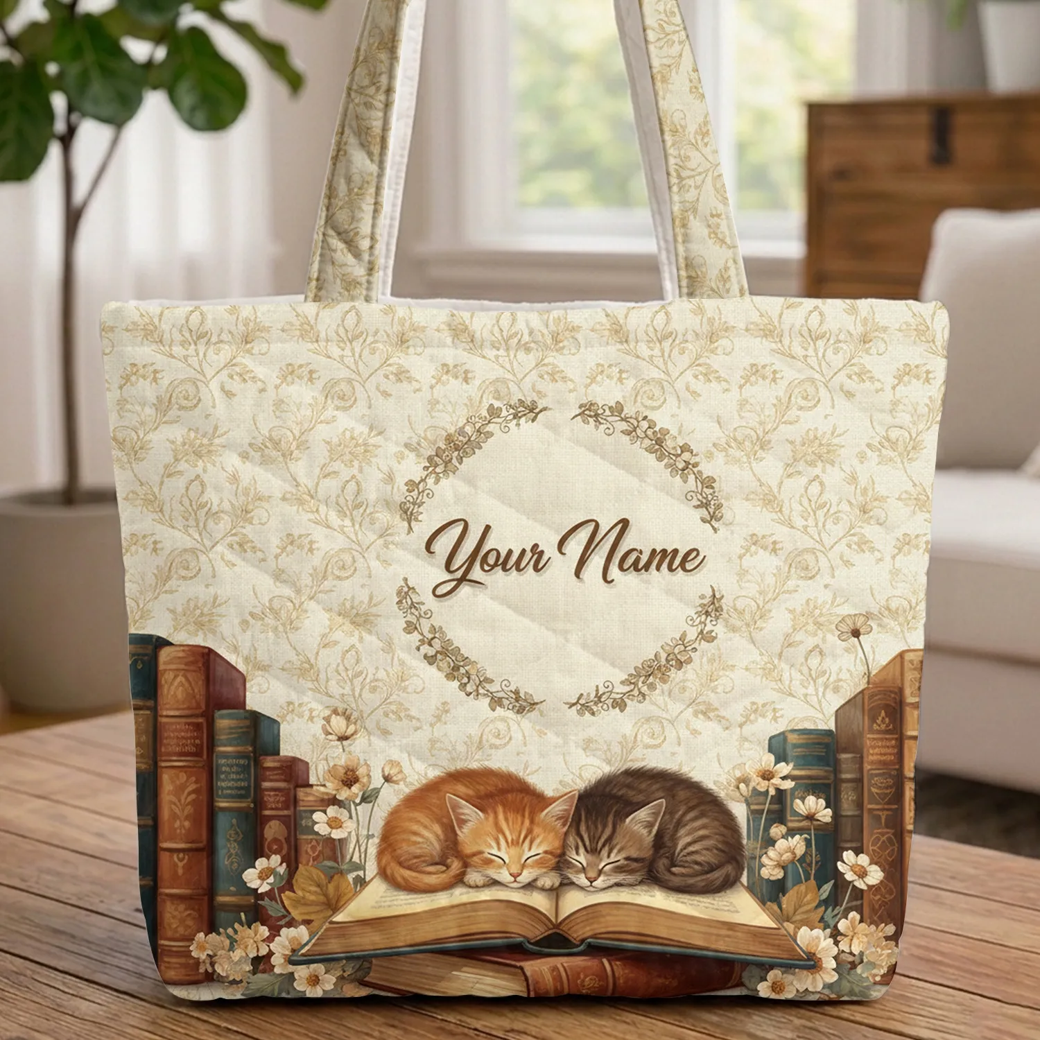 Delicate Wildflowers Sleeping Tabby Kittens Antique Books - Kitten Lover Gift Quilted Tote Bag - 1