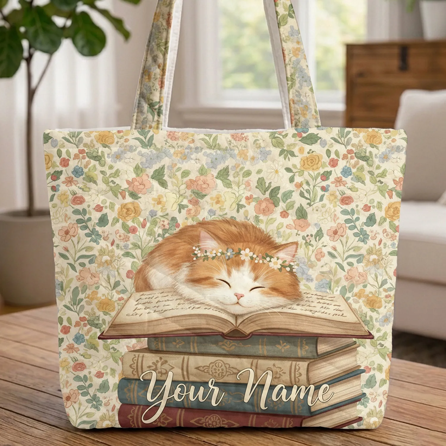 Fluffy Orange White Cat Botanical Floral Wreath Old Books - Cat Lover Tote Quilted Tote Bag - 1
