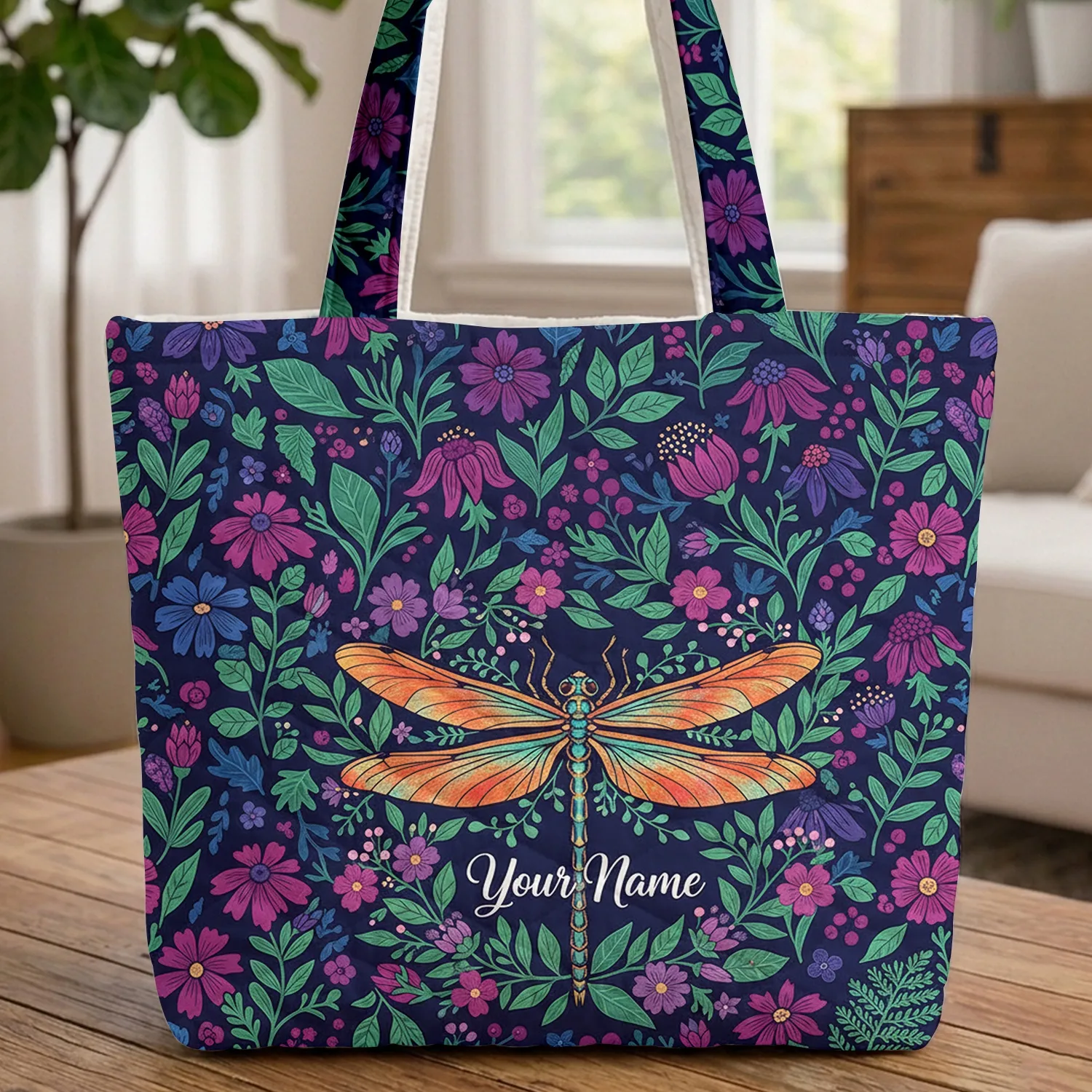 Personalized Dragonfly Wildflower Floral Wreath - Nature Lover Gift Quilted Tote Bag - 1