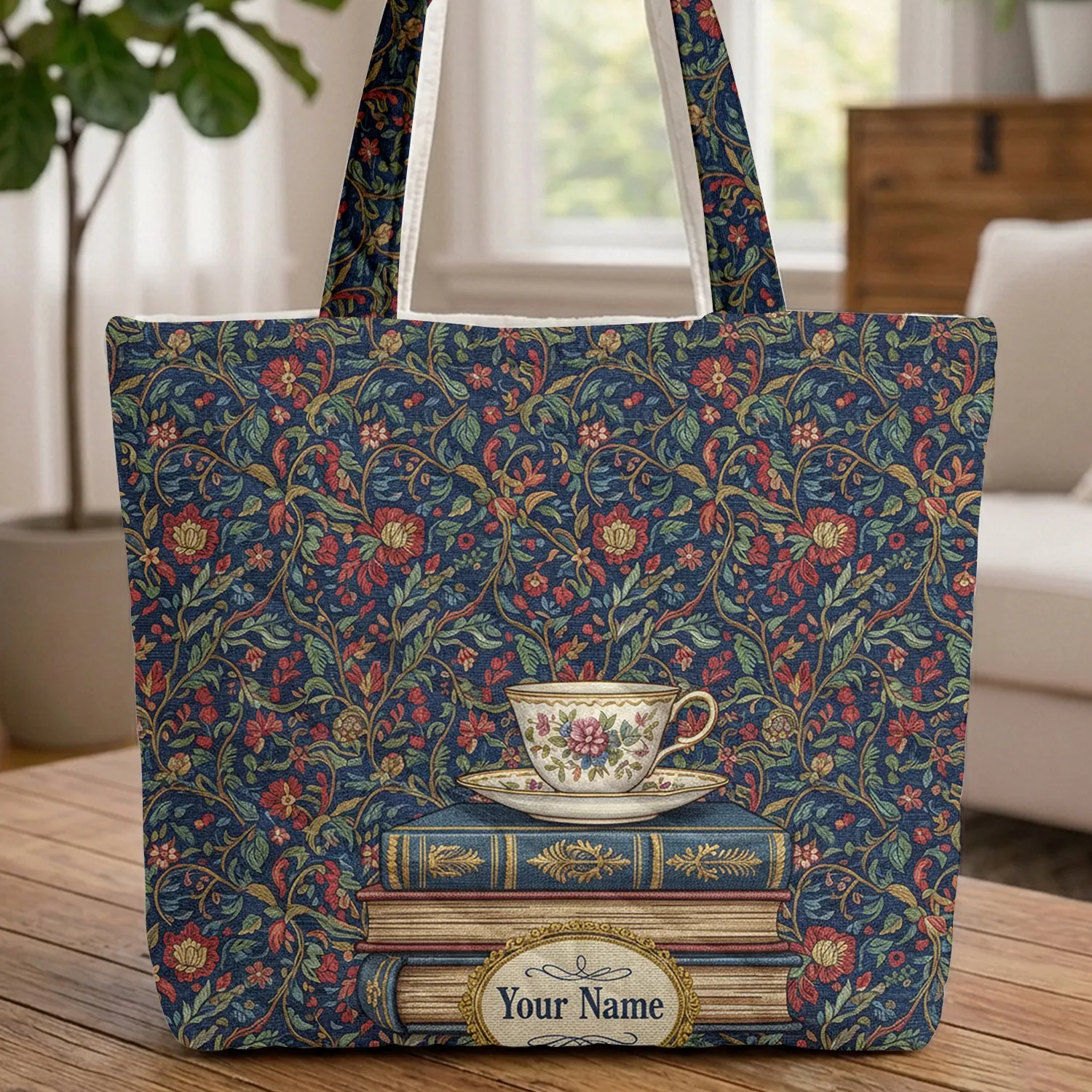 Ornate Antique Books Teacup Wildflowers Personalized Name - Bookworm Tea Time Gift Quilted Tote Bag - 1