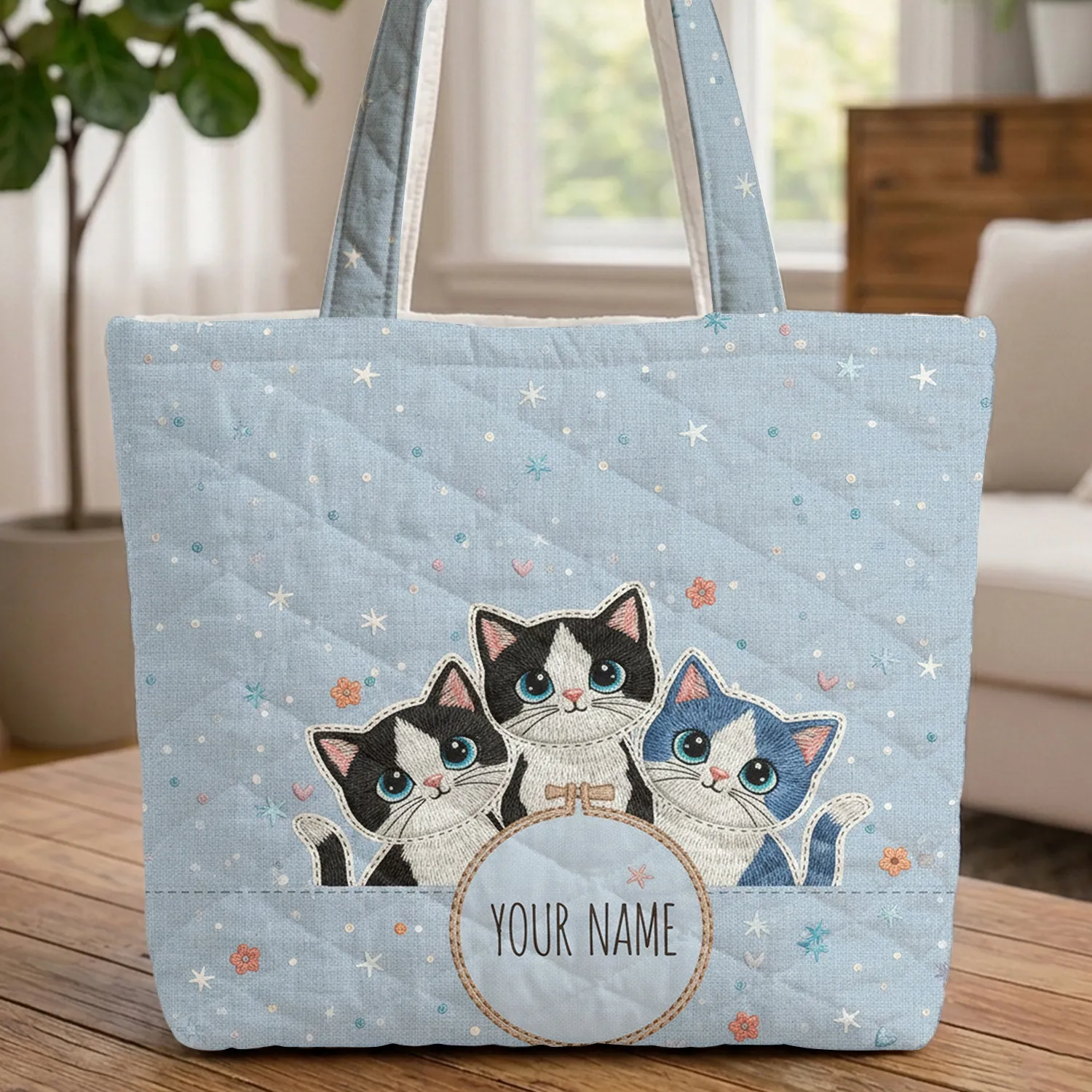 Hoop Name Kittens Stars Denim - Personalized Gift for Kids Quilted Tote Bag - 1