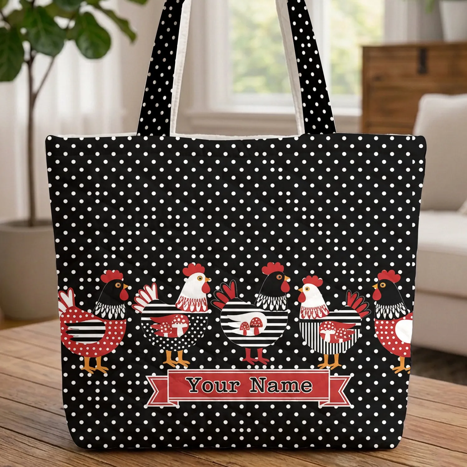 Folk Art Chickens Farmhouse Polka Dot - Everyday Tote for Chicken Lover Quilted Tote Bag - 1