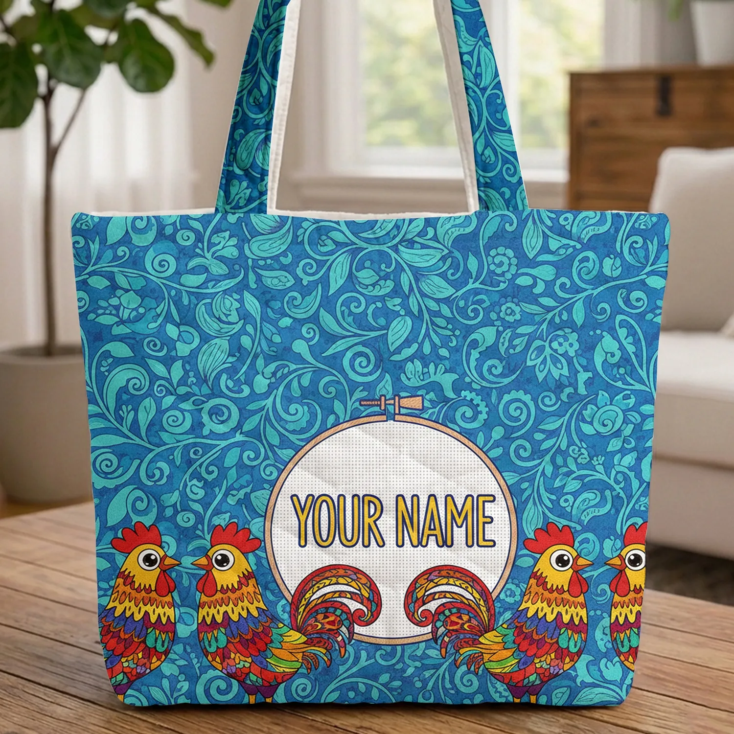 Roosters Botanical Vine Floral Cross Stitch Name - Everyday Use Gift Quilted Tote Bag - 1