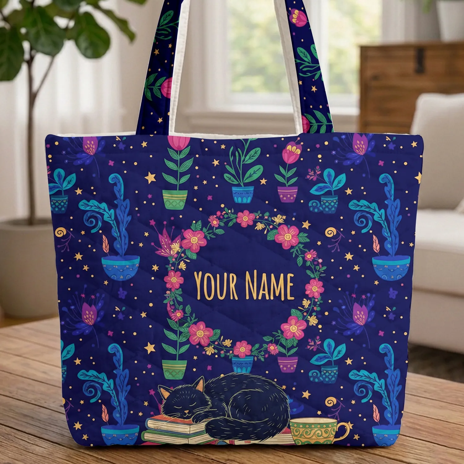 Sleeping Black Cat Books Floral Name Wreath - Cat & Book Lover Gift Quilted Tote Bag - 1