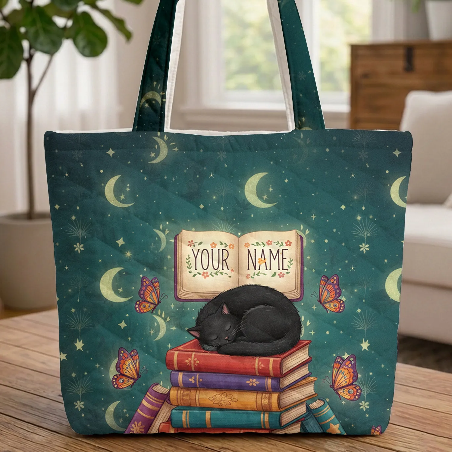Sleeping Black Cat Storybook Butterflies Moonlit Journal - Cat Lover Gift Quilted Tote Bag - 1