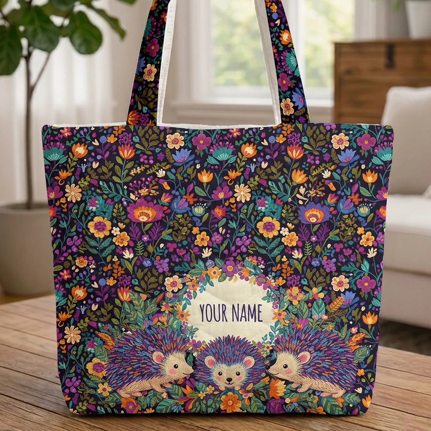 Personalized Hedgehogs Wildflower Botanical - Wildlife Lover Everyday Gift Quilted Tote Bag - 1