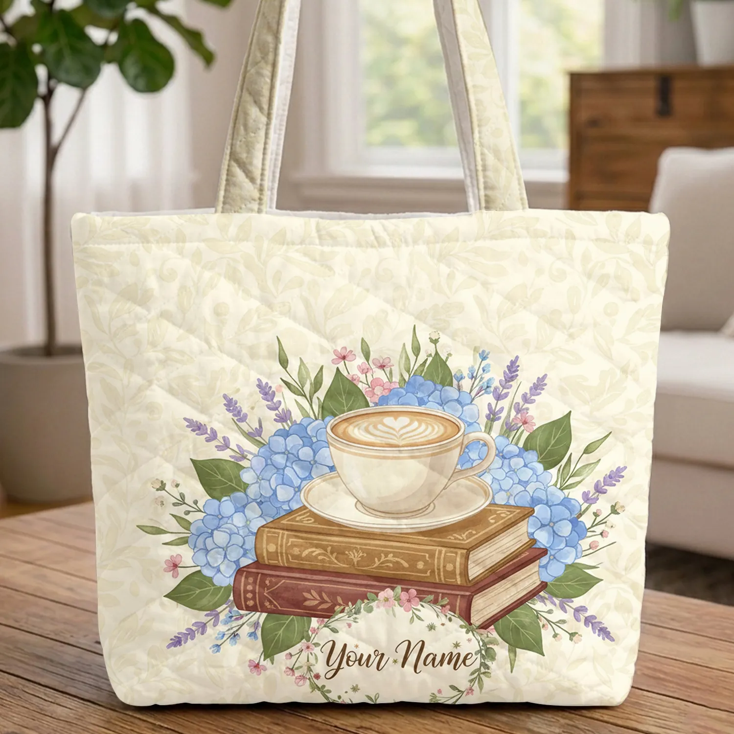 Floral Teacup Vintage Books Hydrangea Lavender - Tea Lover Gift Quilted Tote Bag - 1