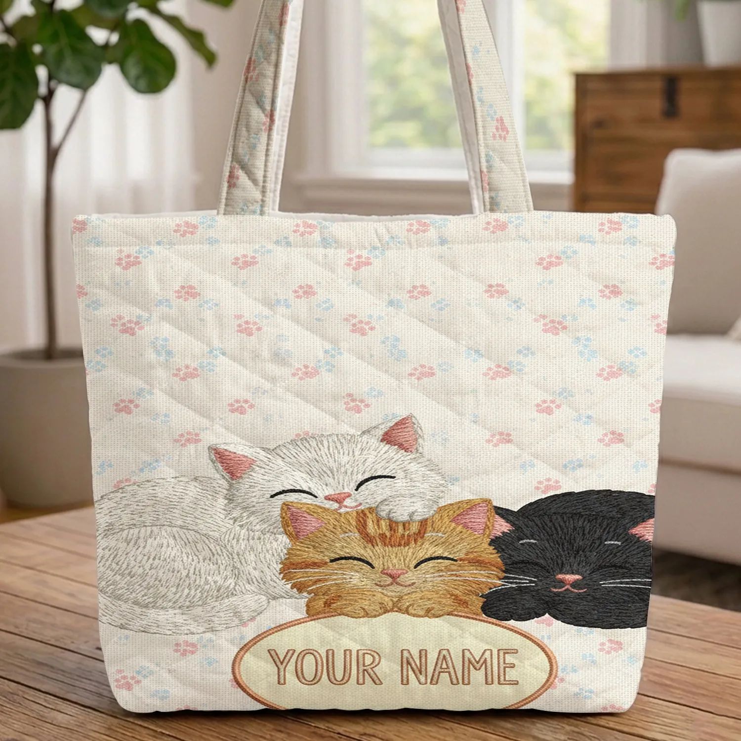 Three Cats Paw Prints Personalized Name - Cat Lover Everyday Gift Quilted Tote Bag - 1