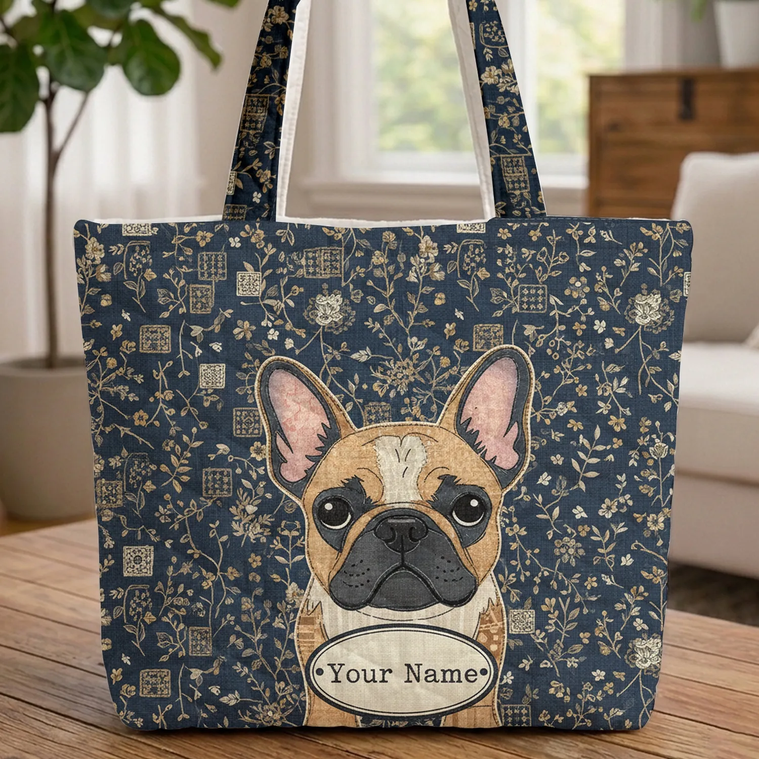 French Bulldog Trailing Floral Leaves Oval Plaque - Farmhouse Home Decor Dog Lover Gift Quilted Tote Bag - 1
