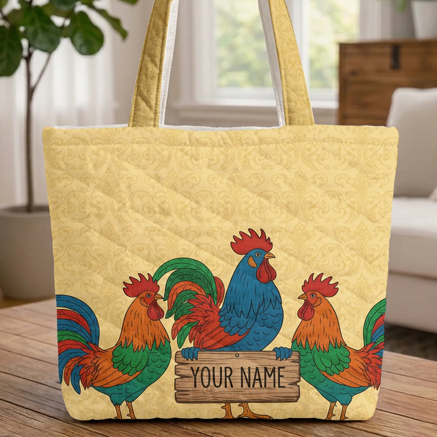 Roosters Damask Scroll Wooden Sign - Farmhouse Home Decor Gift for Everyday Use Quilted Tote Bag - 1