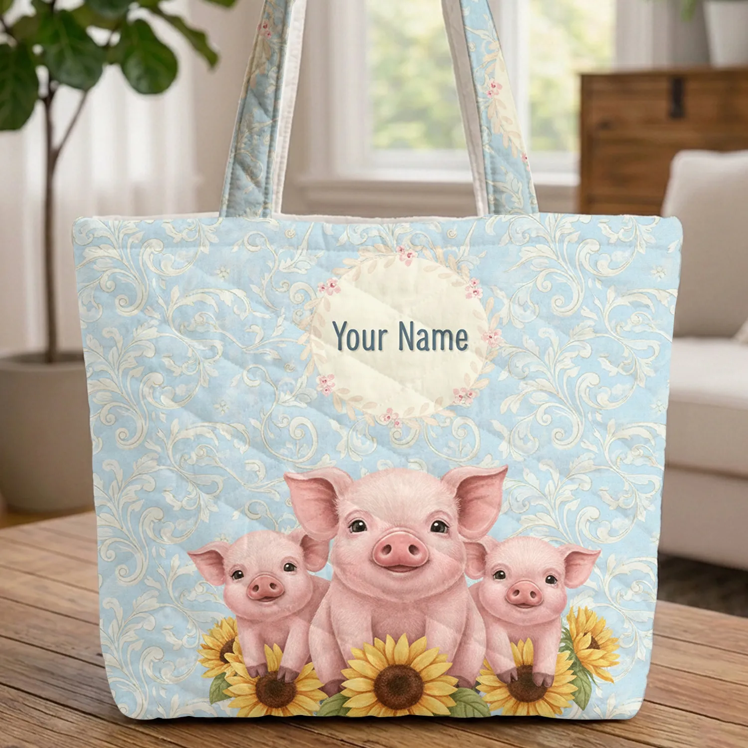 Farm Baby Pigs Sunflowers Swirling Floral Vines Leaves Floral Wreath Everyday Carryall Pig Lover Gift Quilted Tote Bag - 1