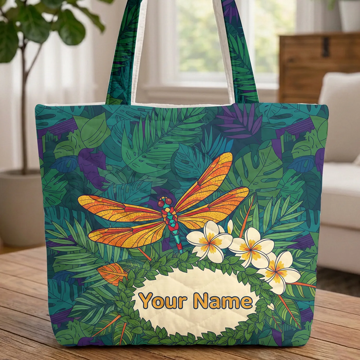 Ornate Dragonfly Plumeria Tropical Leaf - Wildlife Lover Everyday Gift Quilted Tote Bag - 1