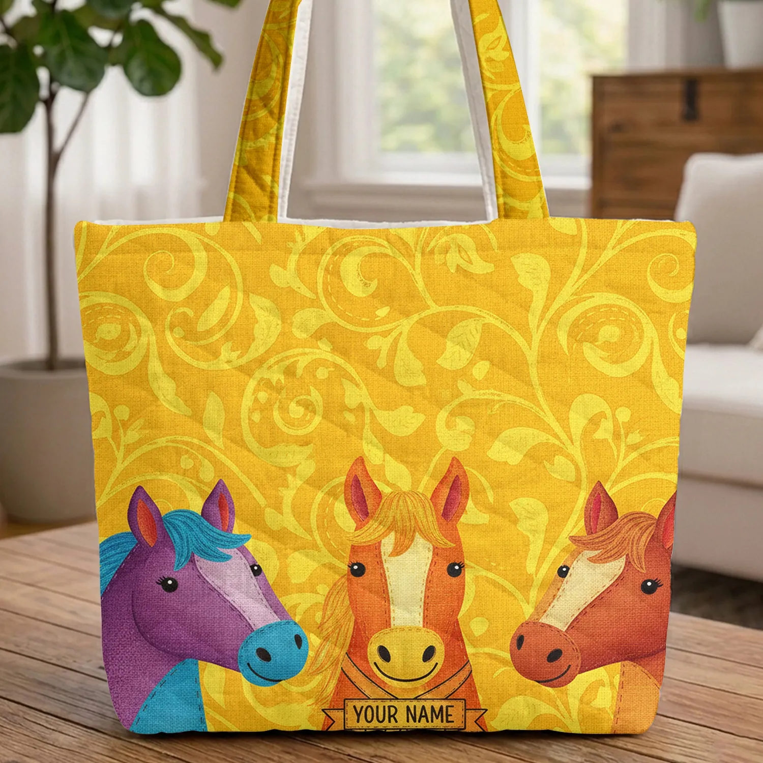 Three Textured Horse Heads Swirling Vines Ribbon Name - Everyday Carryall Gift for Her Quilted Tote Bag - 1