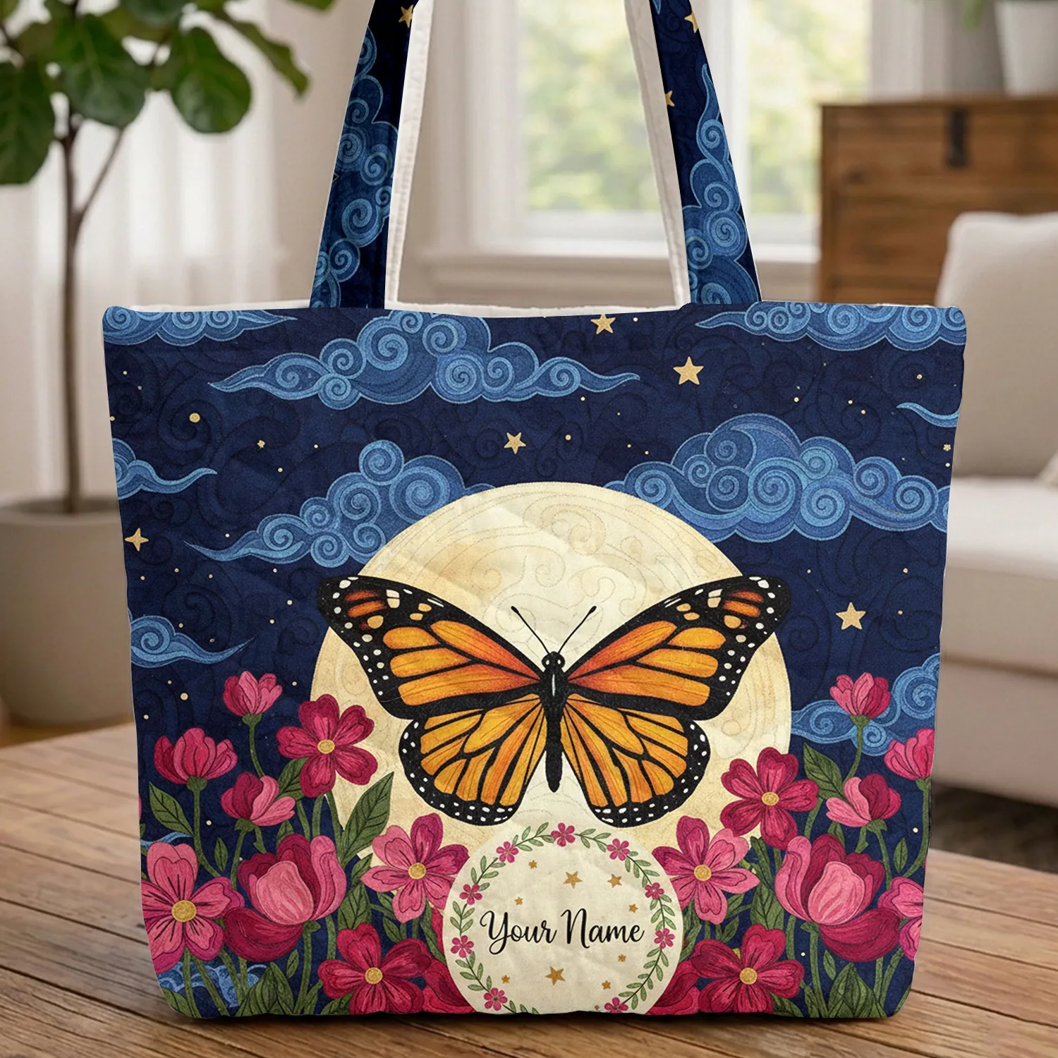 Monarch Butterfly Full Moon Wildflowers Golden Stars Starry Clouds - Nature Lover Gift Quilted Tote Bag - 1
