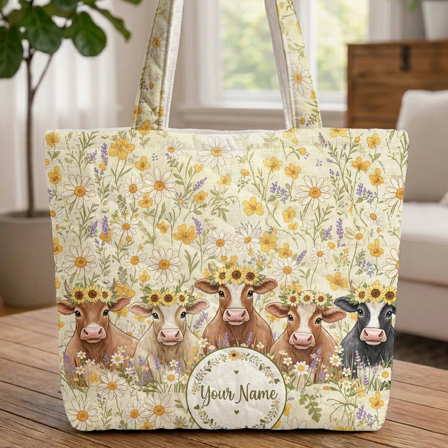 Cows Floral Crowns Personalized Name Wildflower Meadow - Farmhouse Cow Lover Gift Quilted Tote Bag - 1