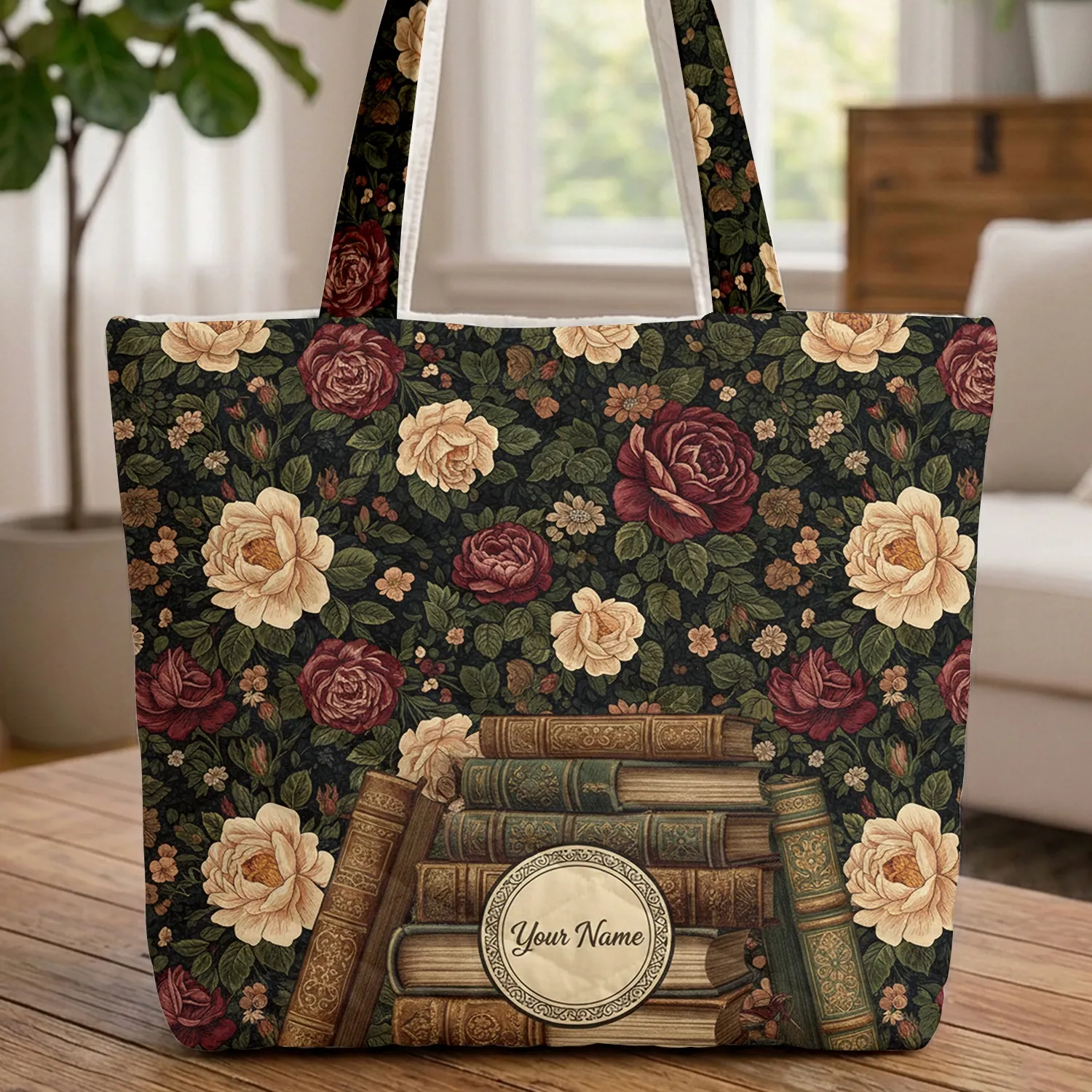 Vintage Roses Ornate Stacked Books - Book Lover Everyday Tote Quilted Tote Bag - 1