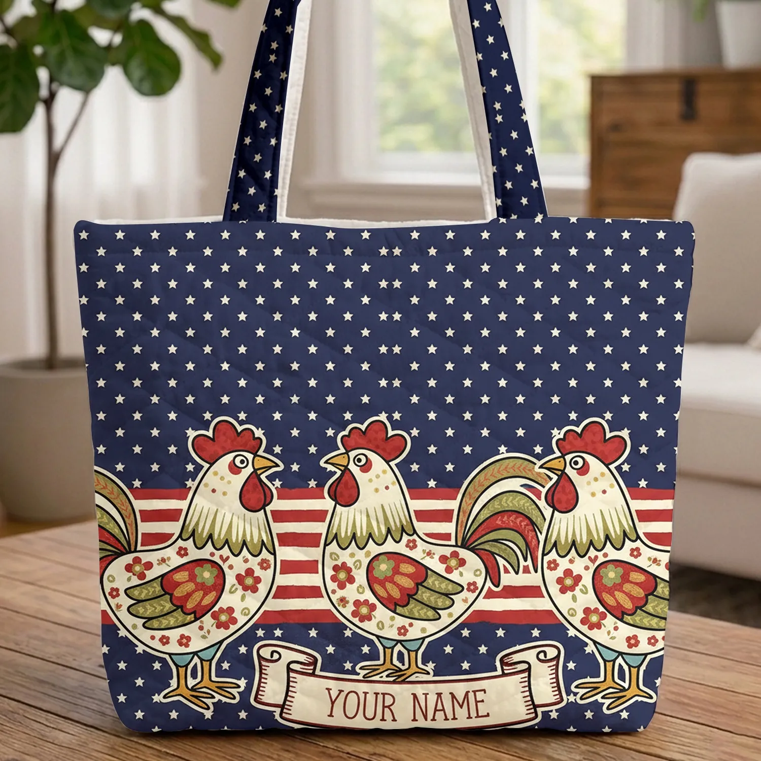 Folk Art Roosters Stars Stripes Storybook Name - Farmhouse Home Decor Gift Quilted Tote Bag - 1