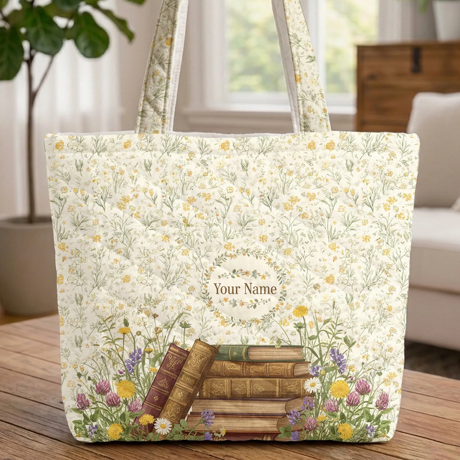 Antique Books Wildflower Garden Cottage Floral - Storybook Reader Gift Quilted Tote Bag - 1