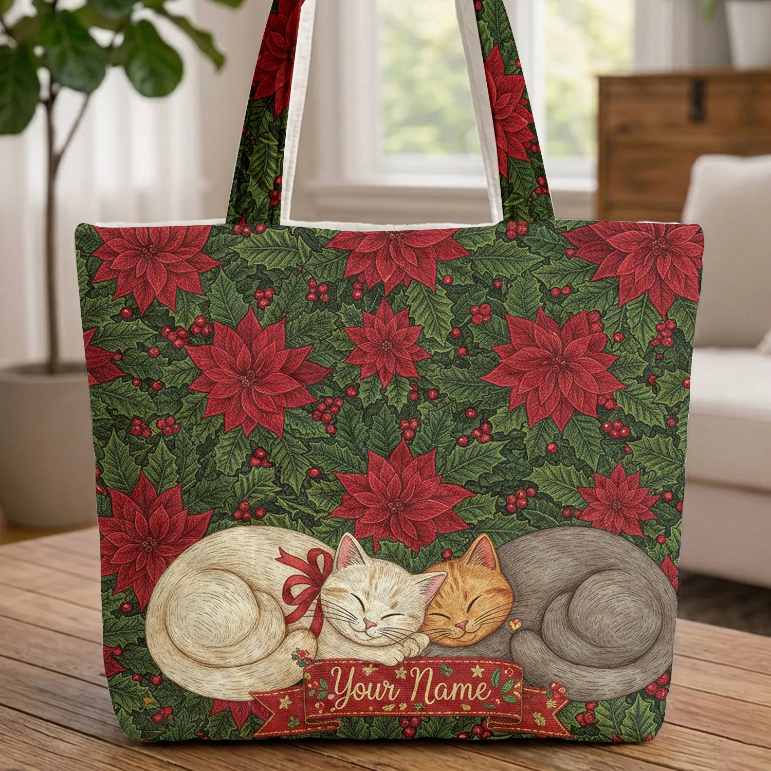 Sleeping Cats Poinsettia Holly Berries Monoline Cursive Christmas Gift for Cat Lover Quilted Tote Bag - 1