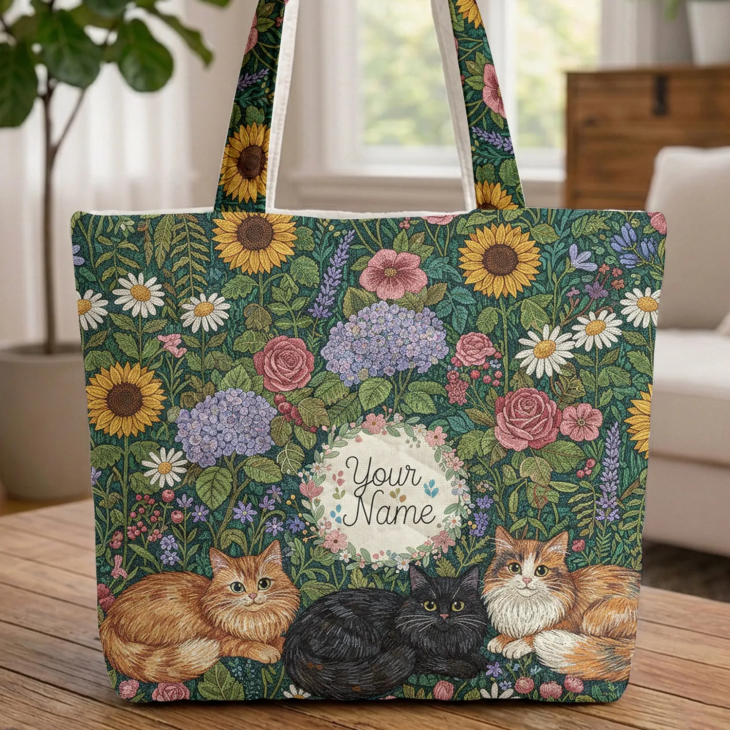 Personalized Feline Lavender Roses Garden Everyday Use - Cat Lover Gift Quilted Tote Bag - 1
