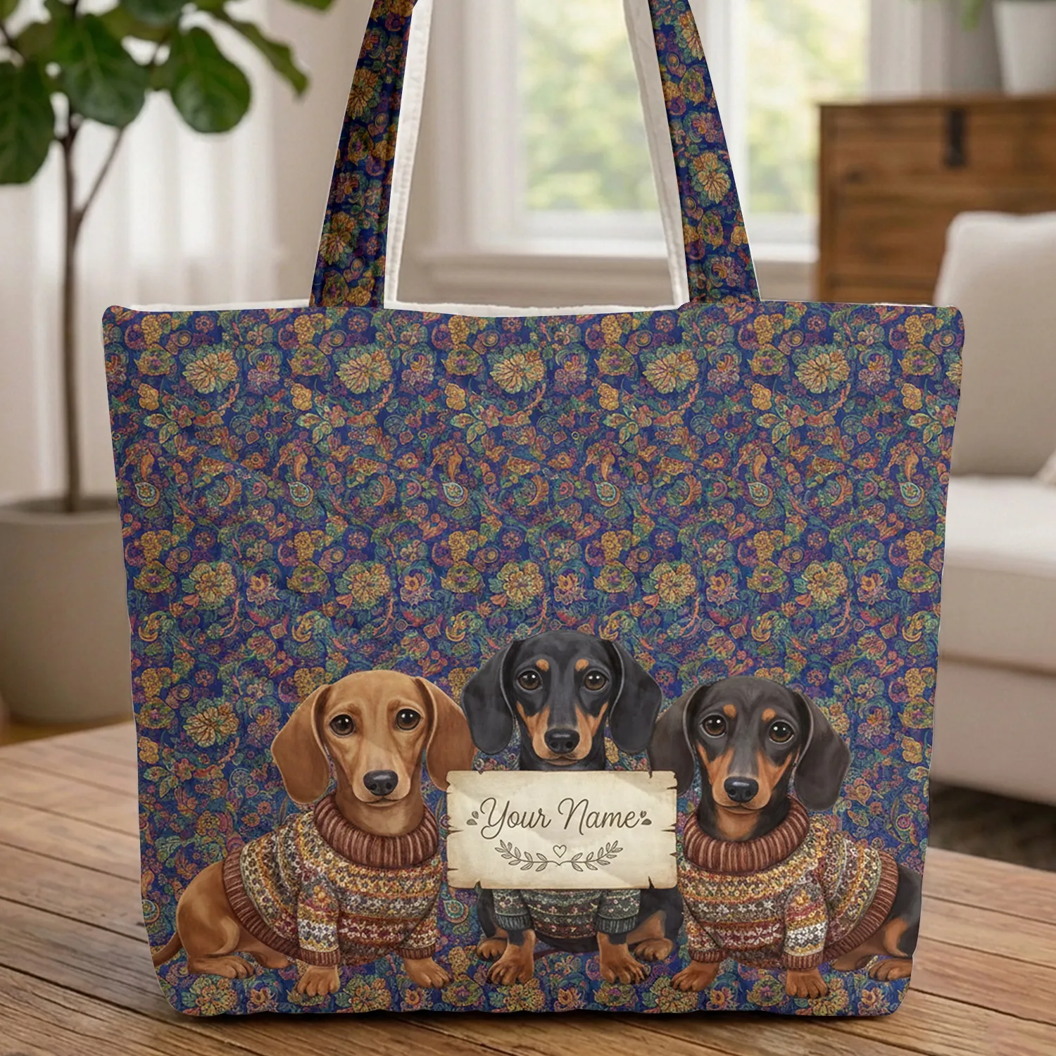 Three Dachshund Dogs Floral Paisley Personalized - Dog Lover Everyday Carry Quilted Tote Bag - 1