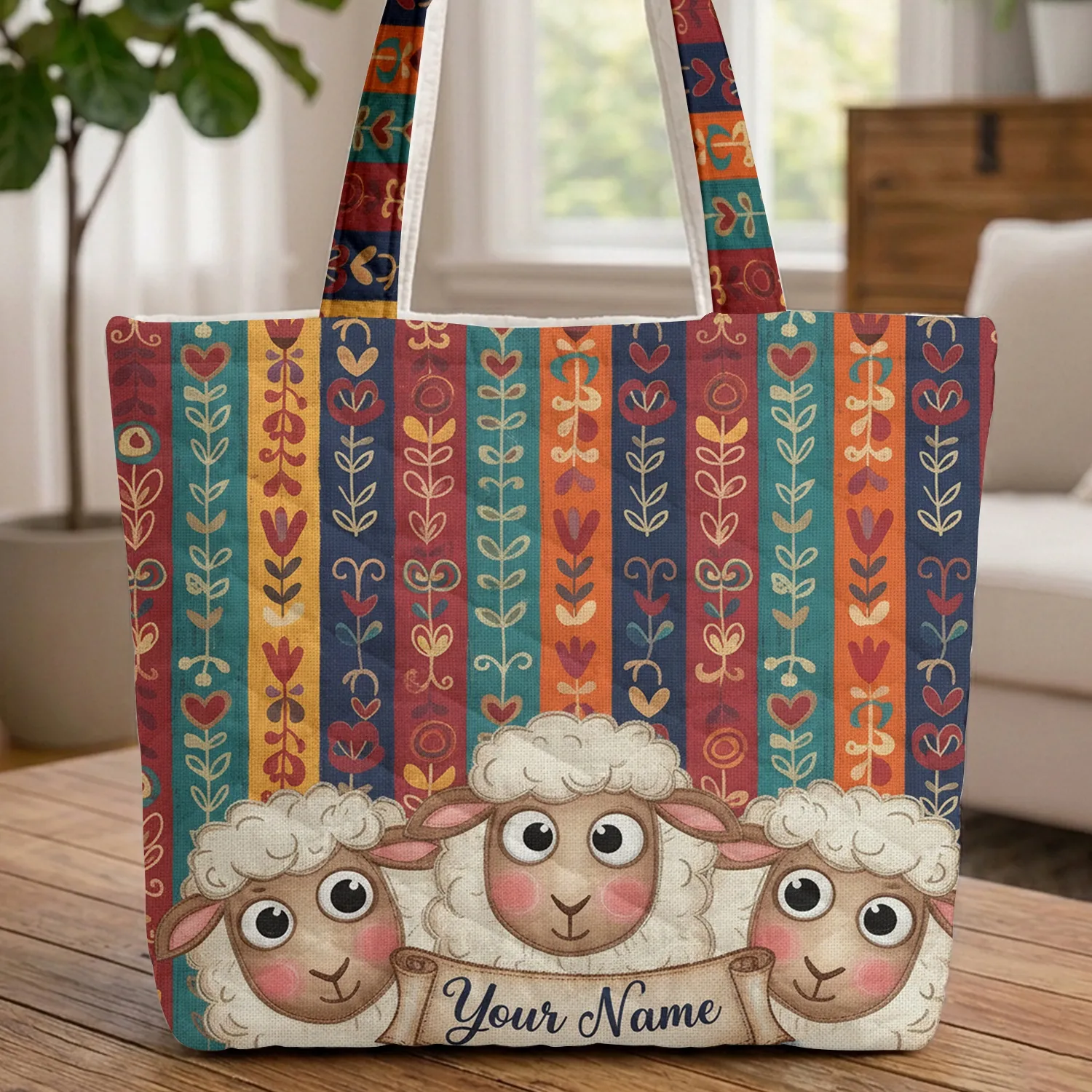 Sheep Faces Custom Name Vertical Stripes - Everyday Tote Home Decor Gift Quilted Tote Bag - 1