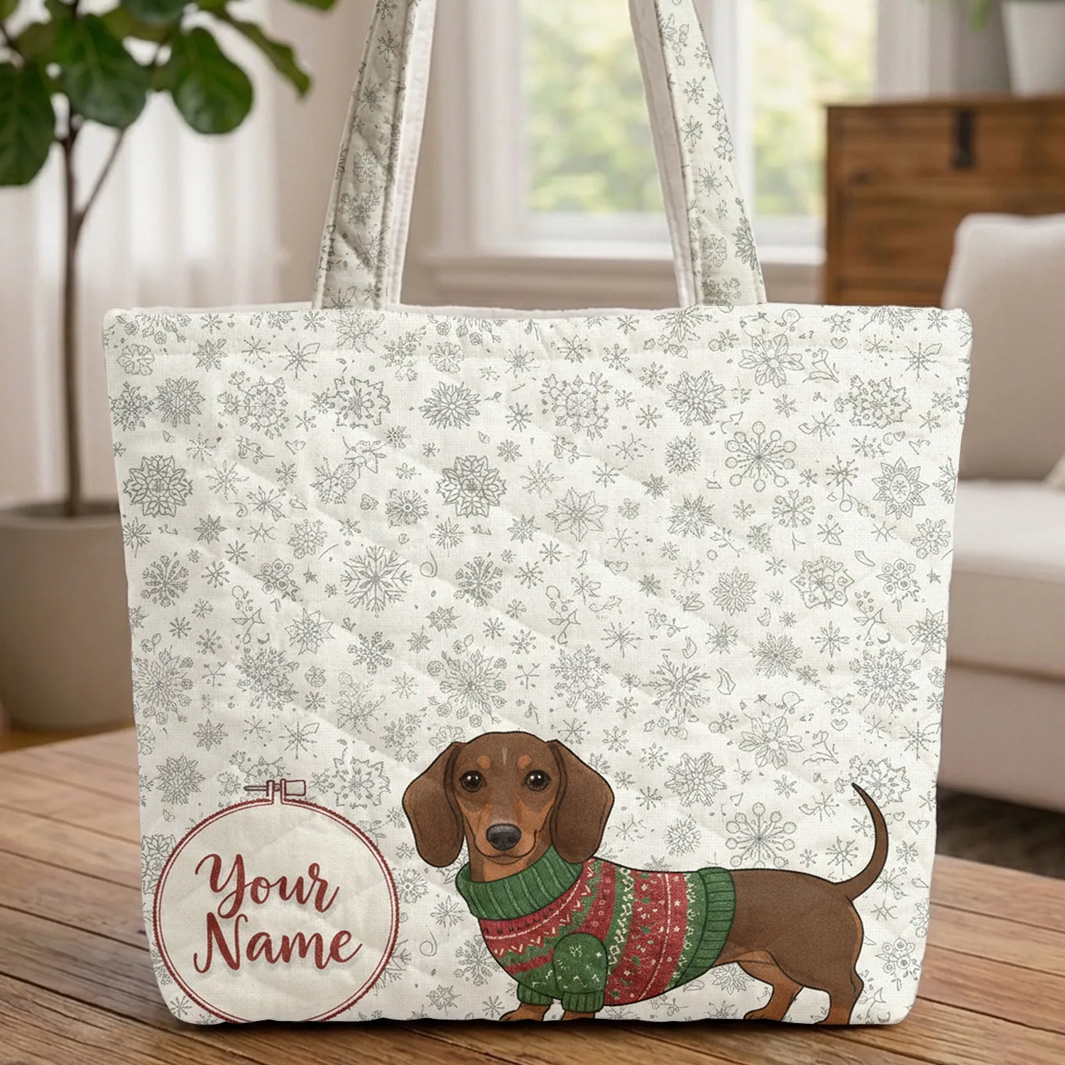 Dachshund Christmas Sweater Snowflakes Personalized Name - Holiday Dog Lover Gift Quilted Tote Bag - 1
