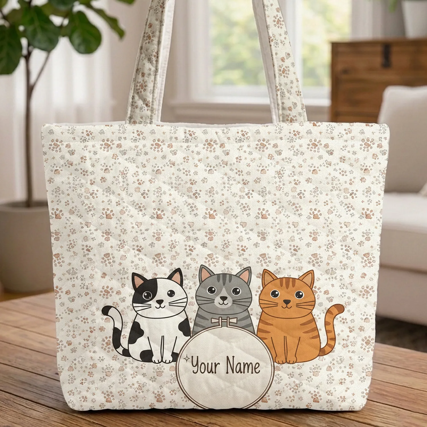 Three Cats Paw Print Fishbone - Cat Lover Home Decor Gift Quilted Tote Bag - 1